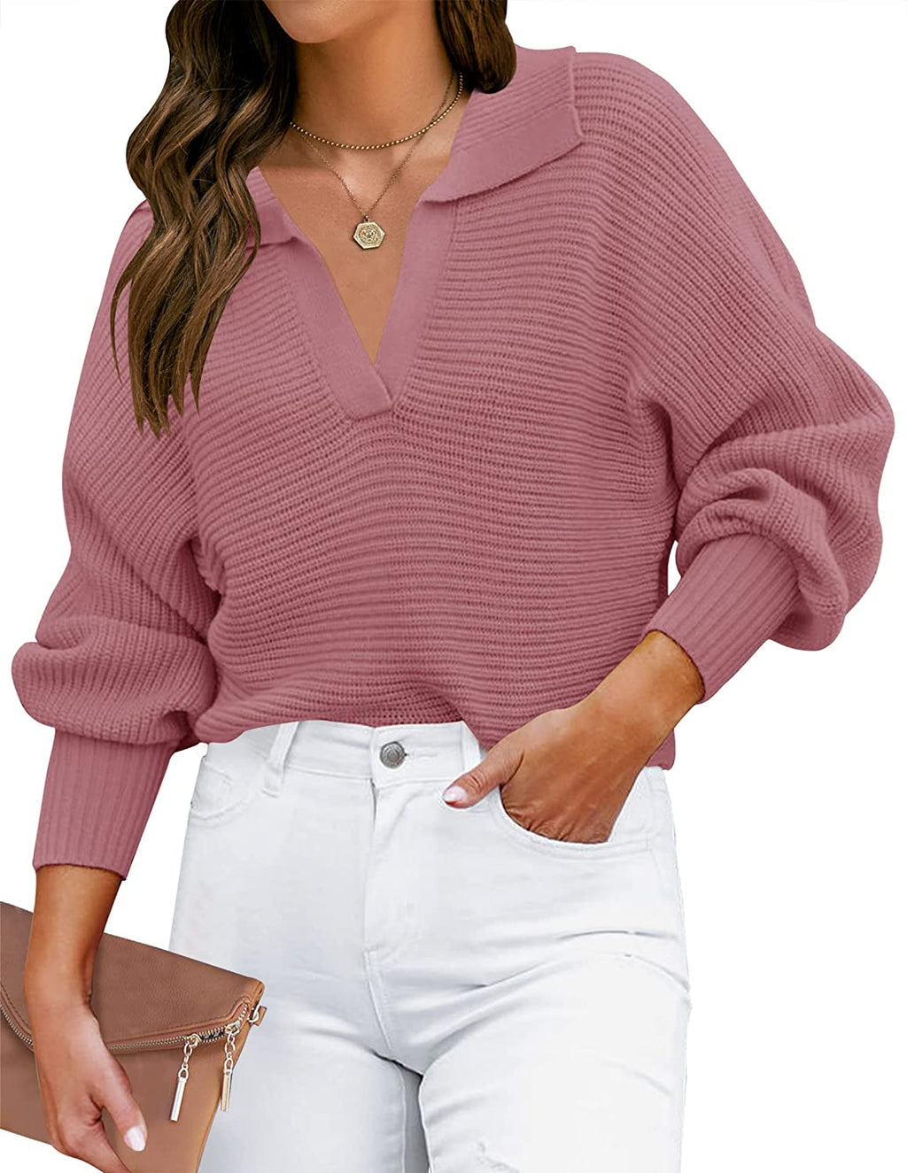 Luxuii Collar V Neck Long Sleeve Ribbed Knit Sweater