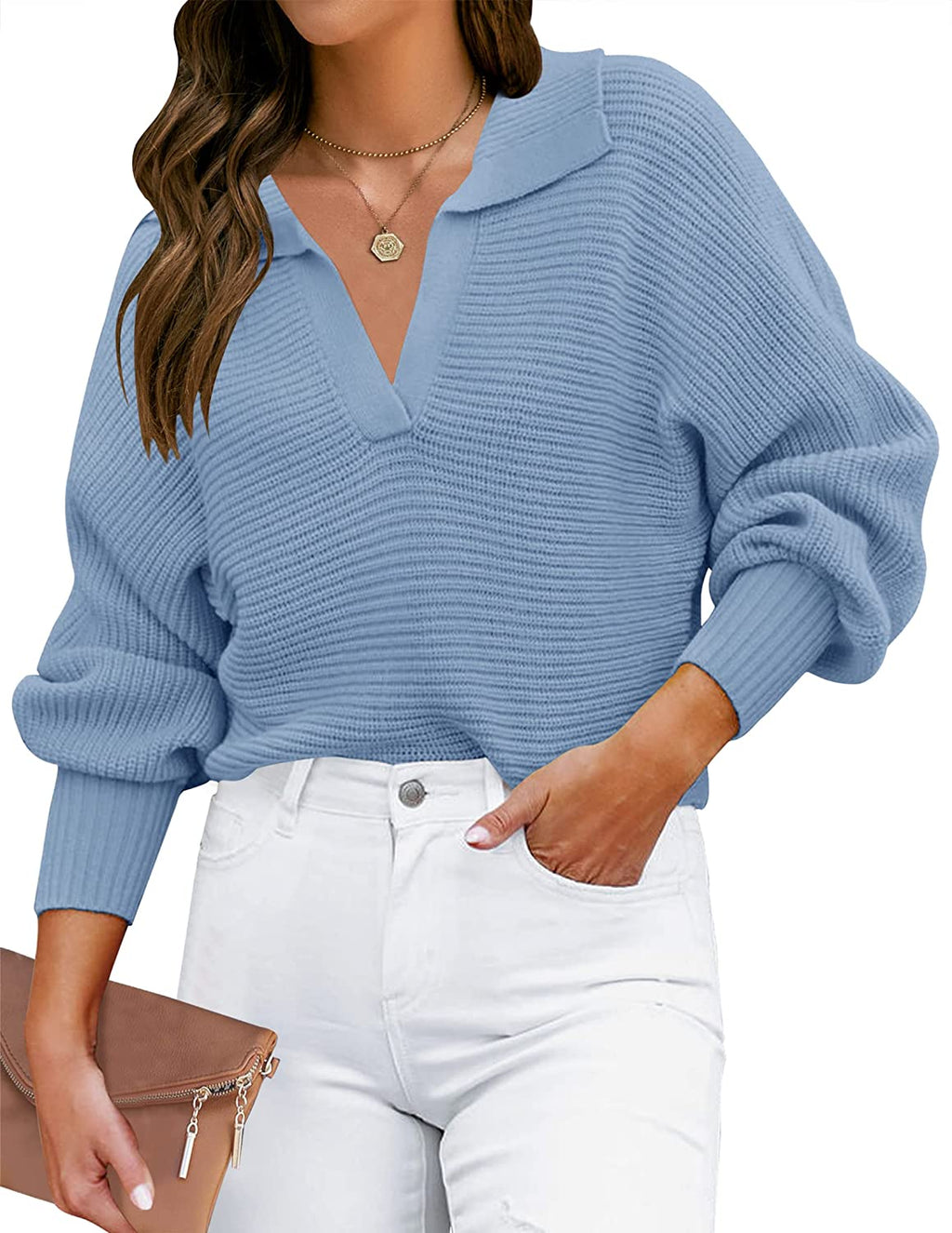 Luxuii Collar V Neck Long Sleeve Ribbed Knit Sweater
