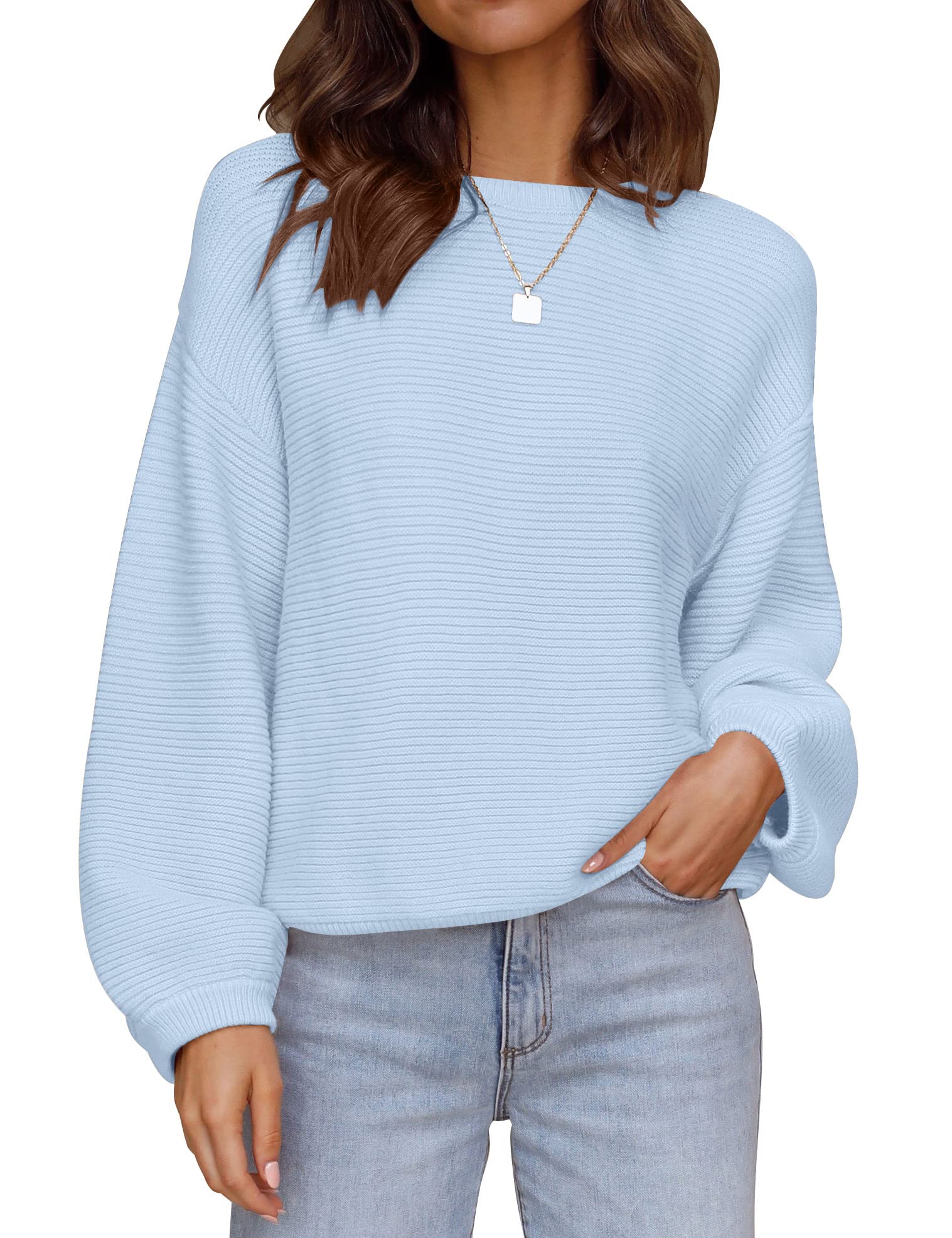 Luxuii Crew Neck Lantern Sleeve Ribbed Knit Sweater