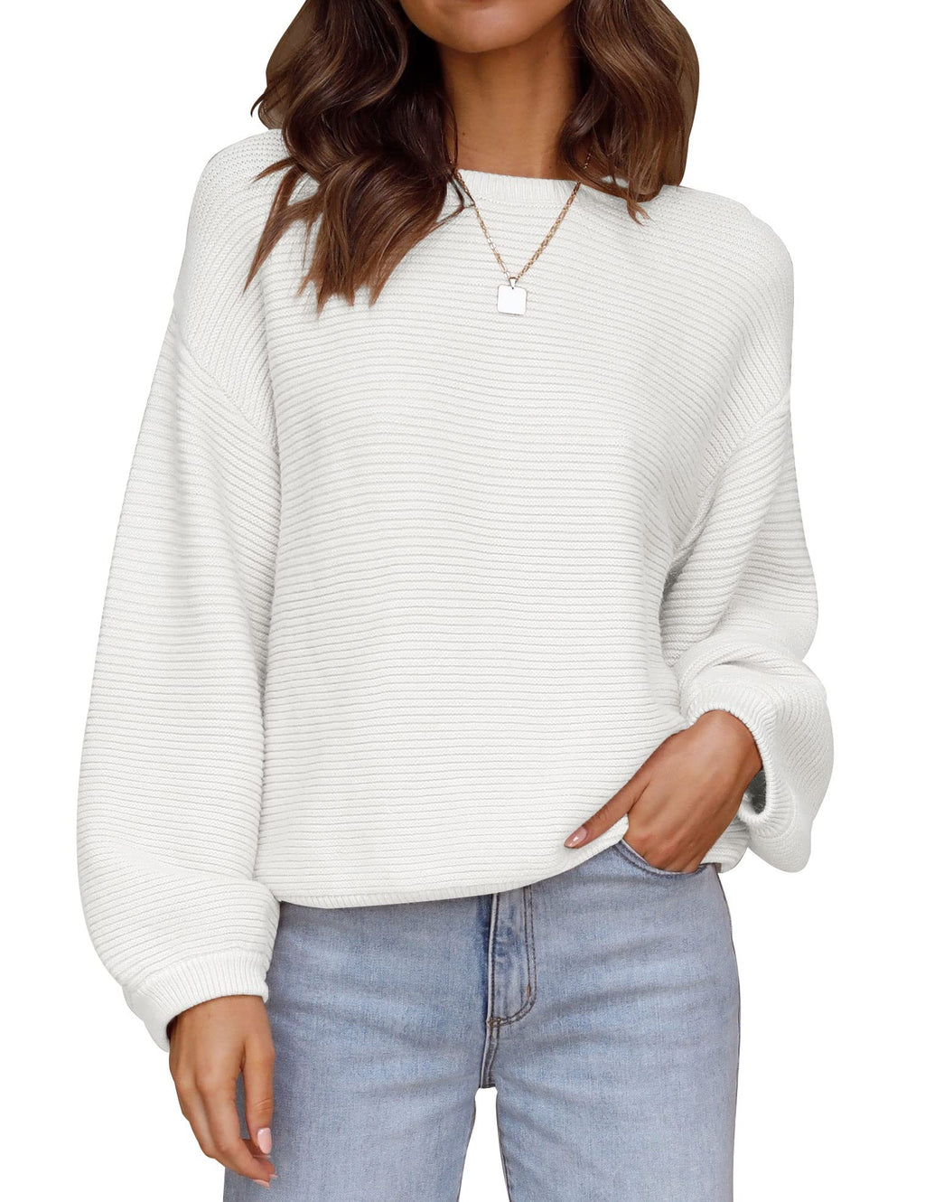 Luxuii Crew Neck Lantern Sleeve Ribbed Knit Sweater