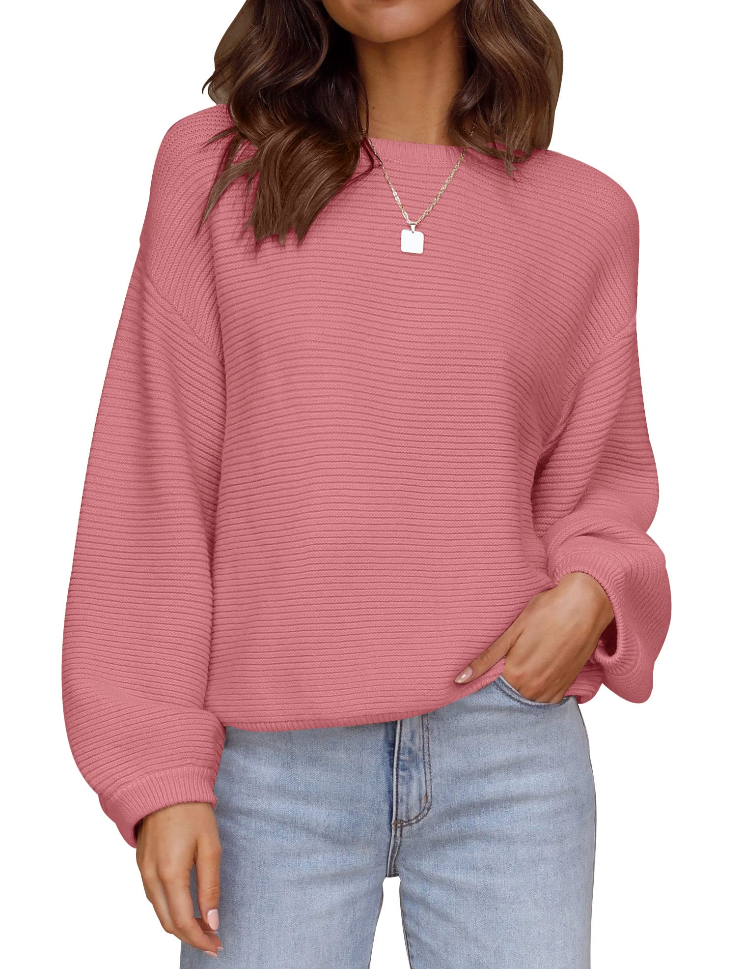 Luxuii Crew Neck Lantern Sleeve Ribbed Knit Sweater