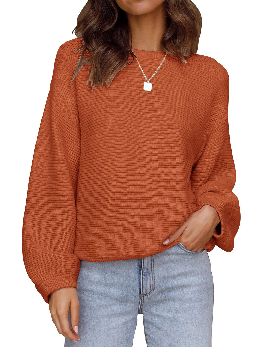 Luxuii Crew Neck Lantern Sleeve Ribbed Knit Sweater