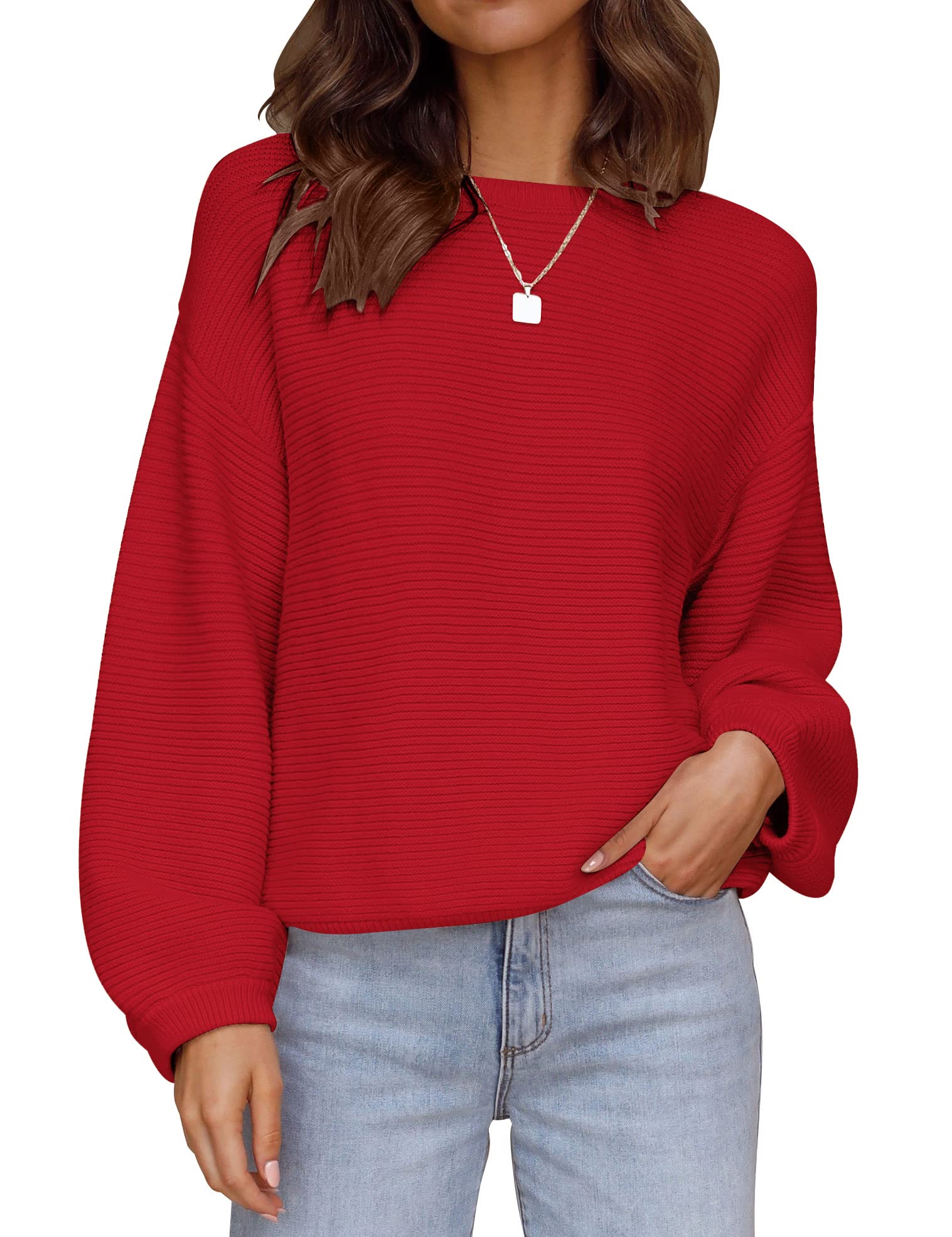 Luxuii Crew Neck Lantern Sleeve Ribbed Knit Sweater