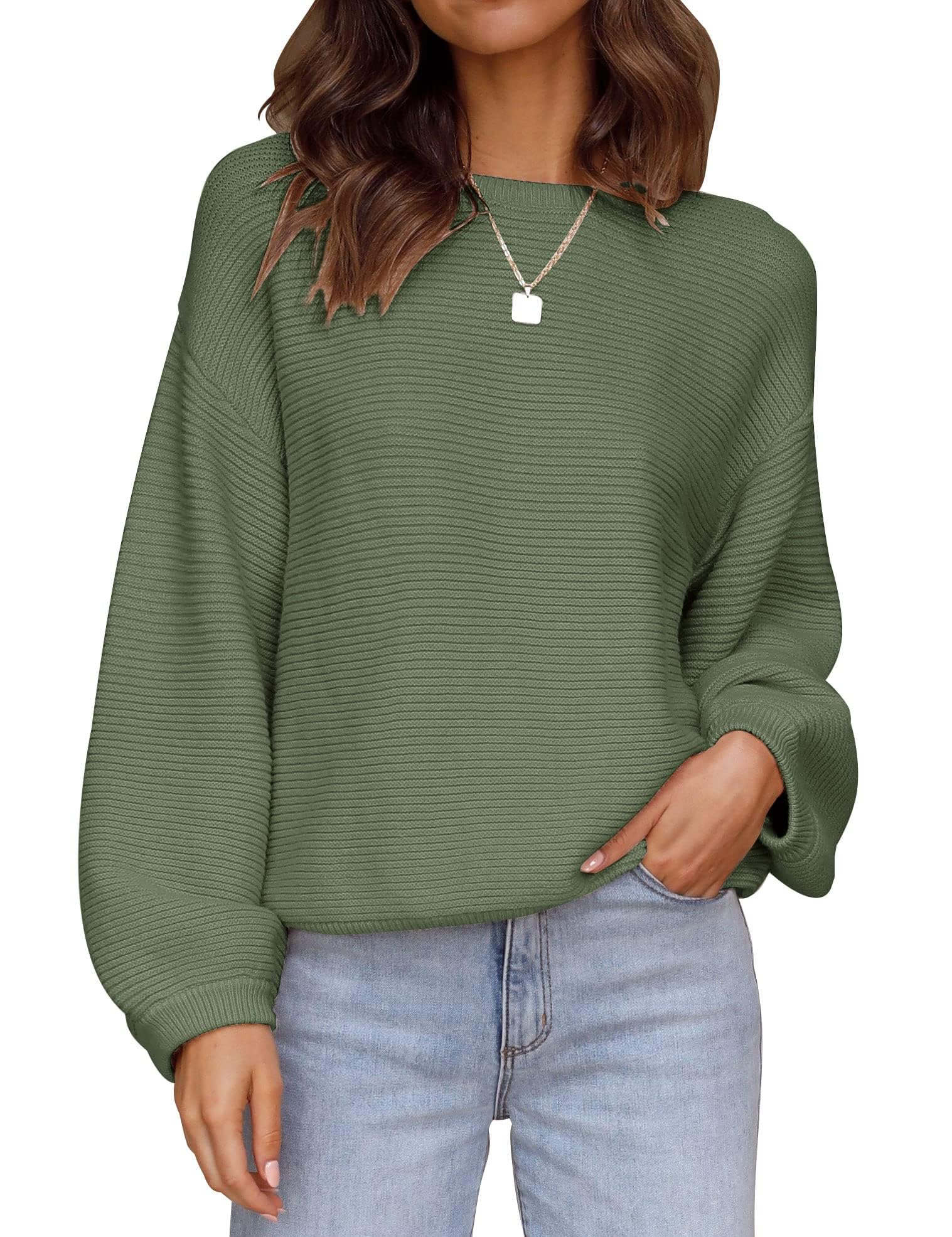 Luxuii Crew Neck Lantern Sleeve Ribbed Knit Sweater