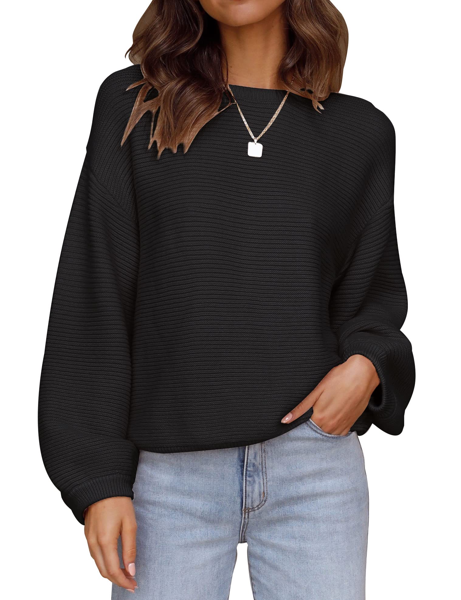Luxuii Crew Neck Lantern Sleeve Ribbed Knit Sweater