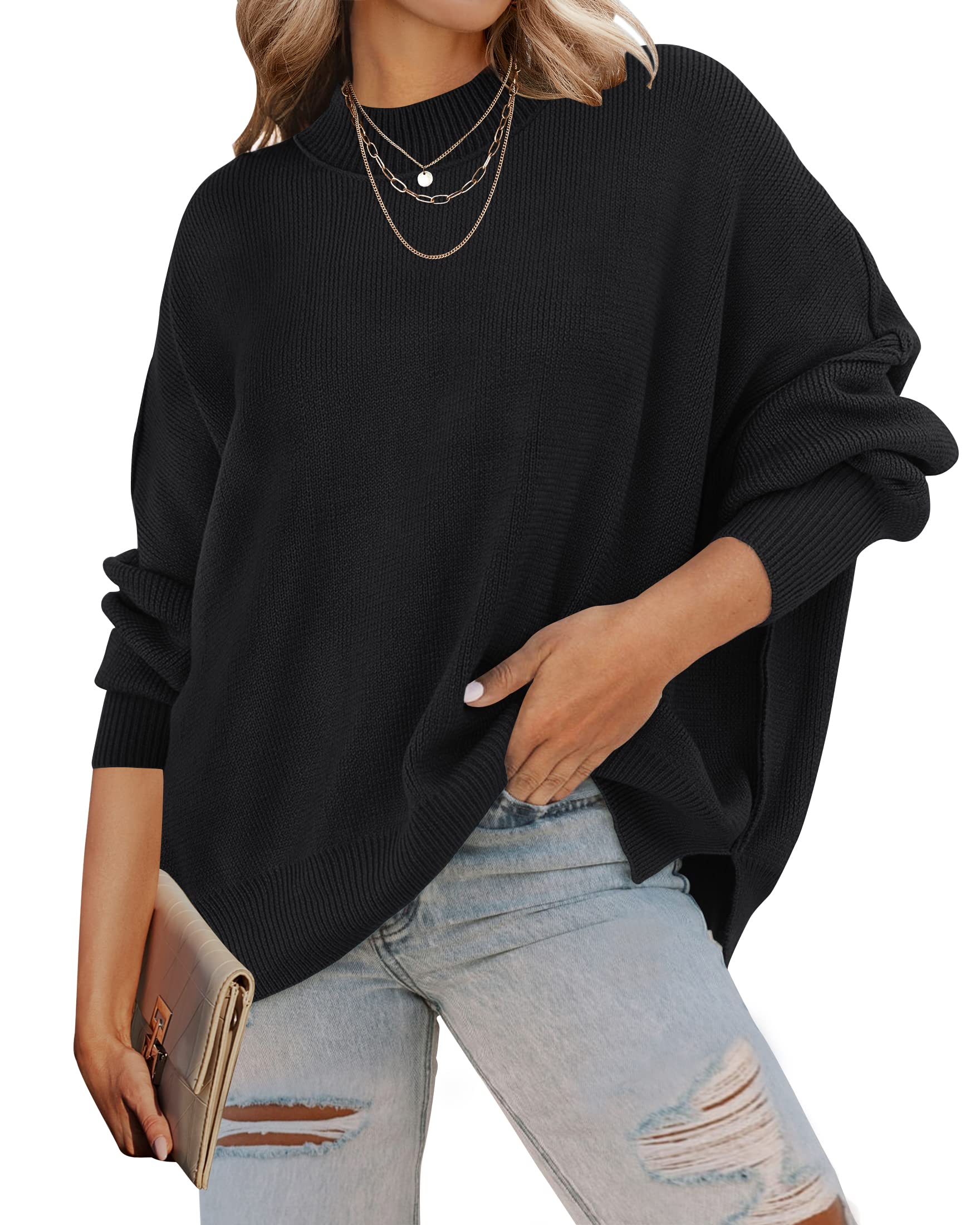 Luxuii Crew Neck Side Slit Oversized Ribbed Knit Sweater