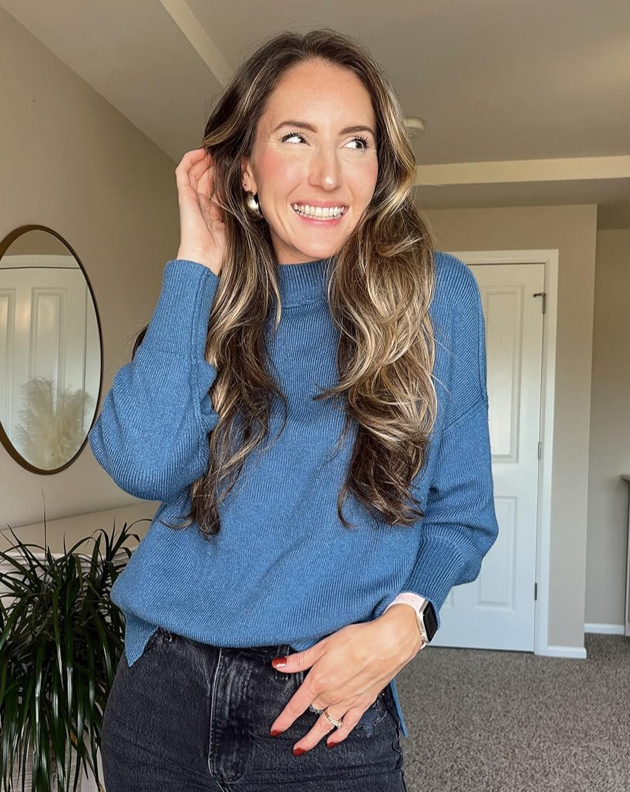 Luxuii Crew Neck Side Slit Oversized Ribbed Knit Sweater