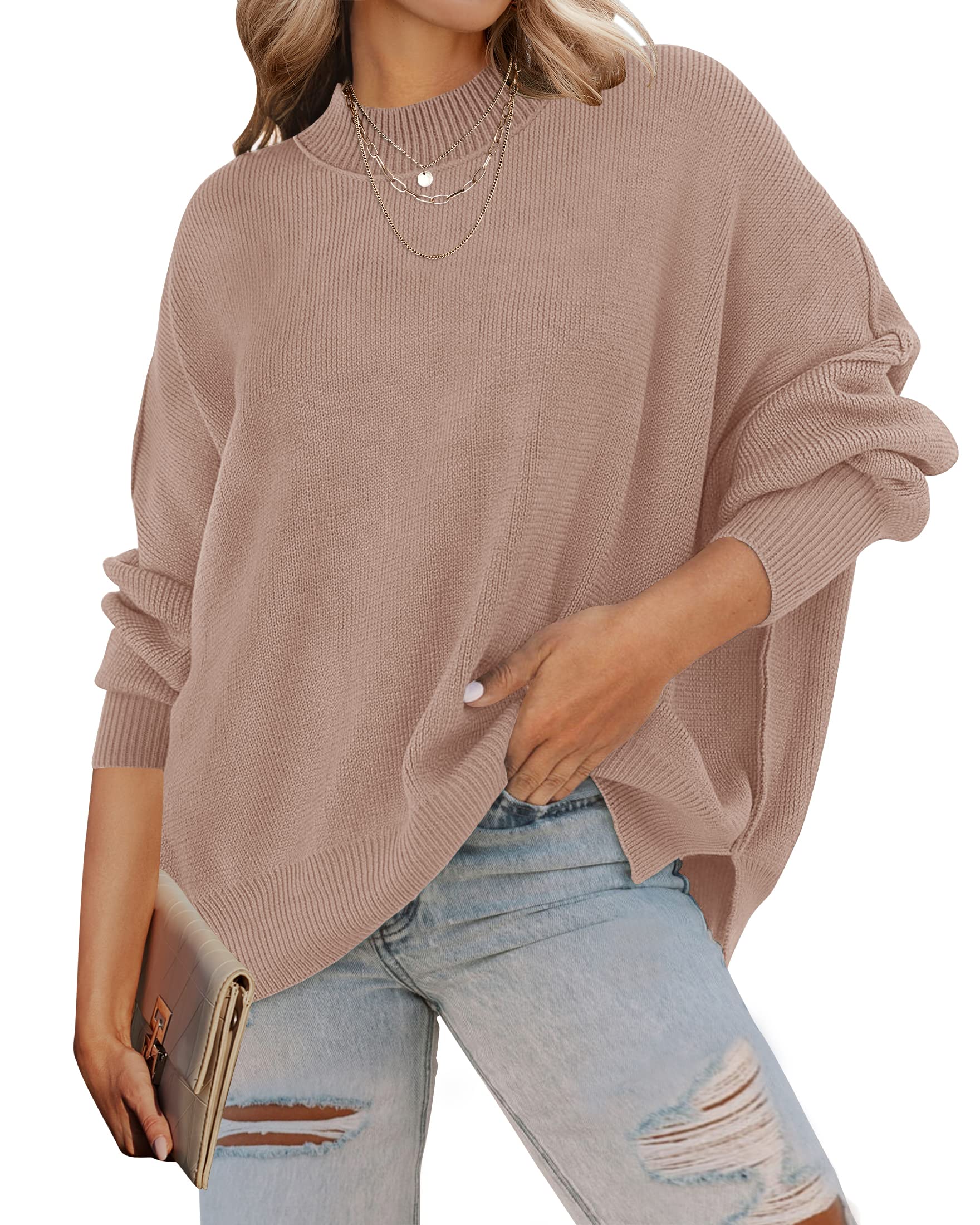 Luxuii Crew Neck Side Slit Oversized Ribbed Knit Sweater