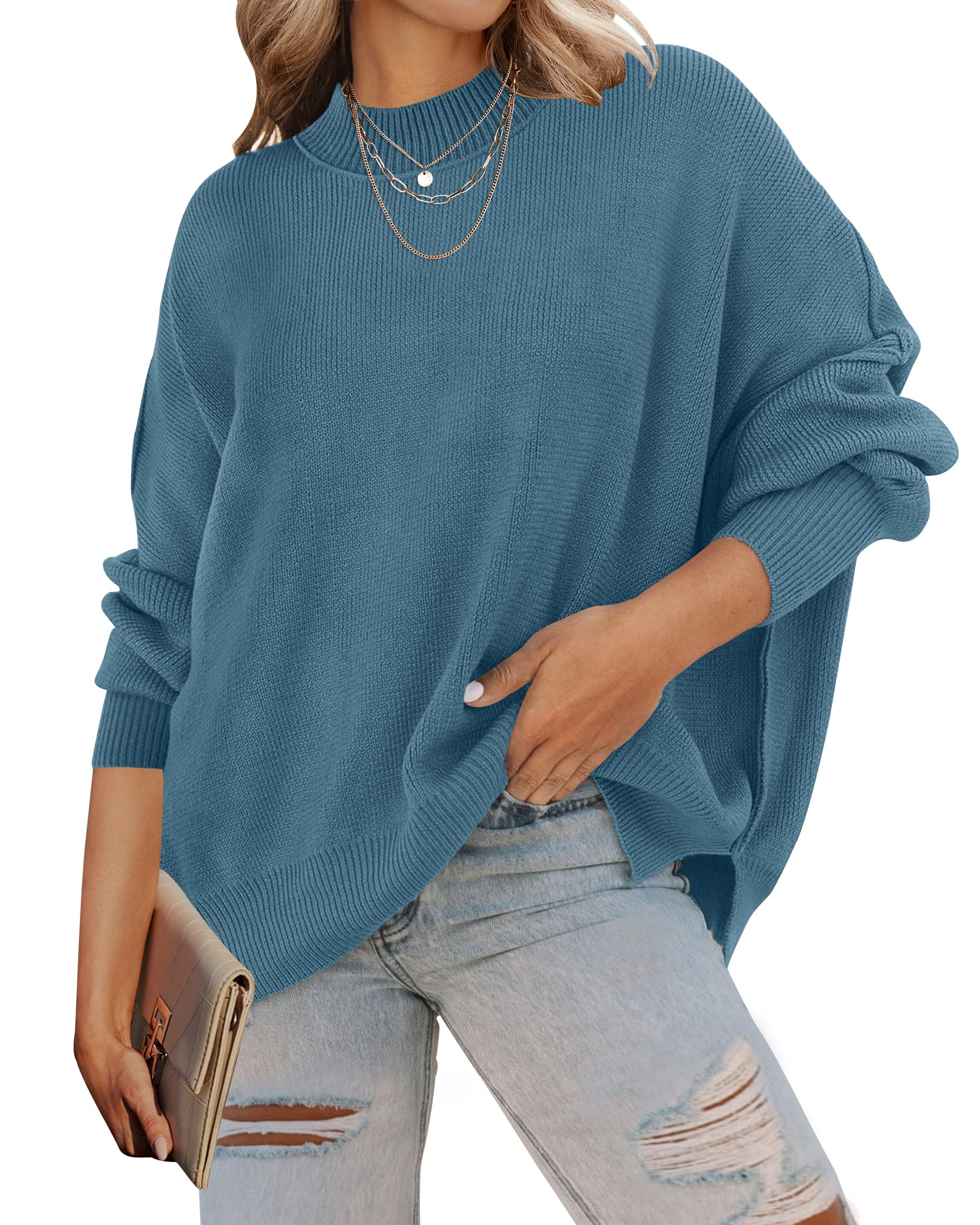 Luxuii Crew Neck Side Slit Oversized Ribbed Knit Sweater