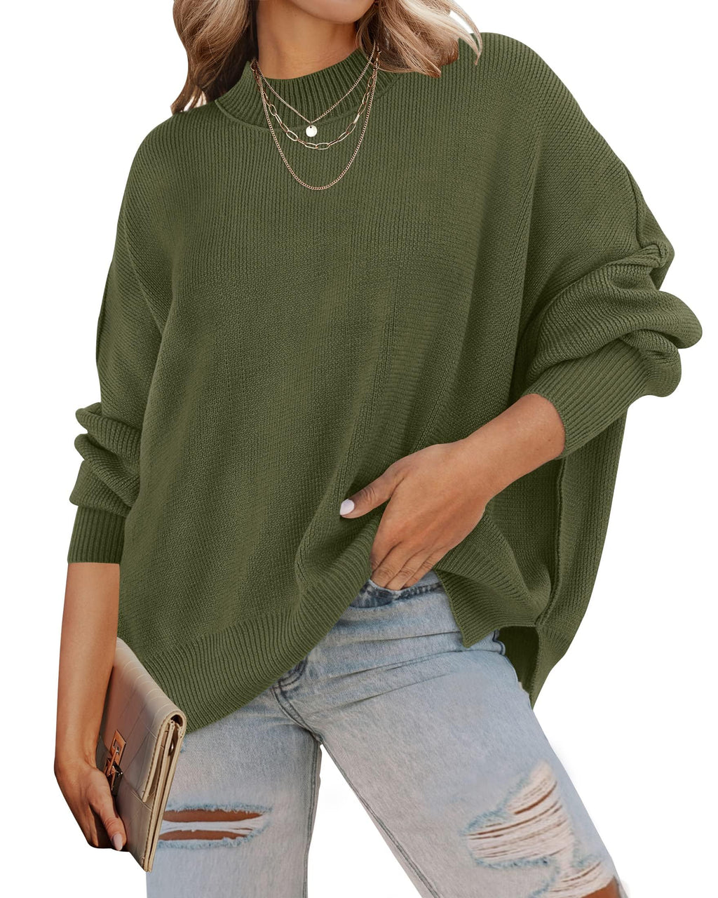 Luxuii Crew Neck Side Slit Oversized Ribbed Knit Sweater