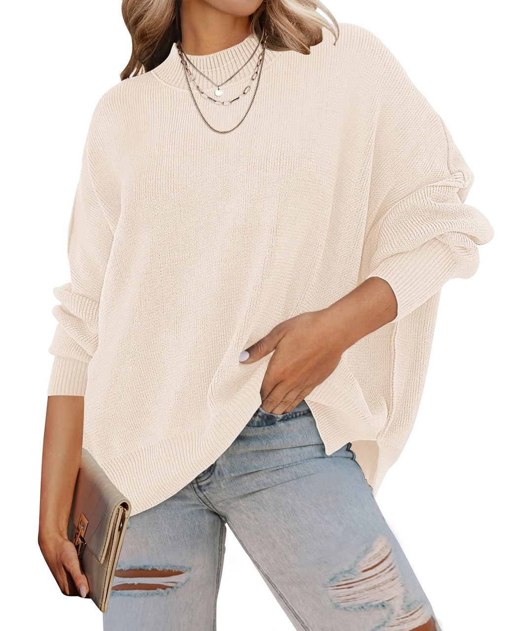 Luxuii Crew Neck Side Slit Oversized Ribbed Knit Sweater