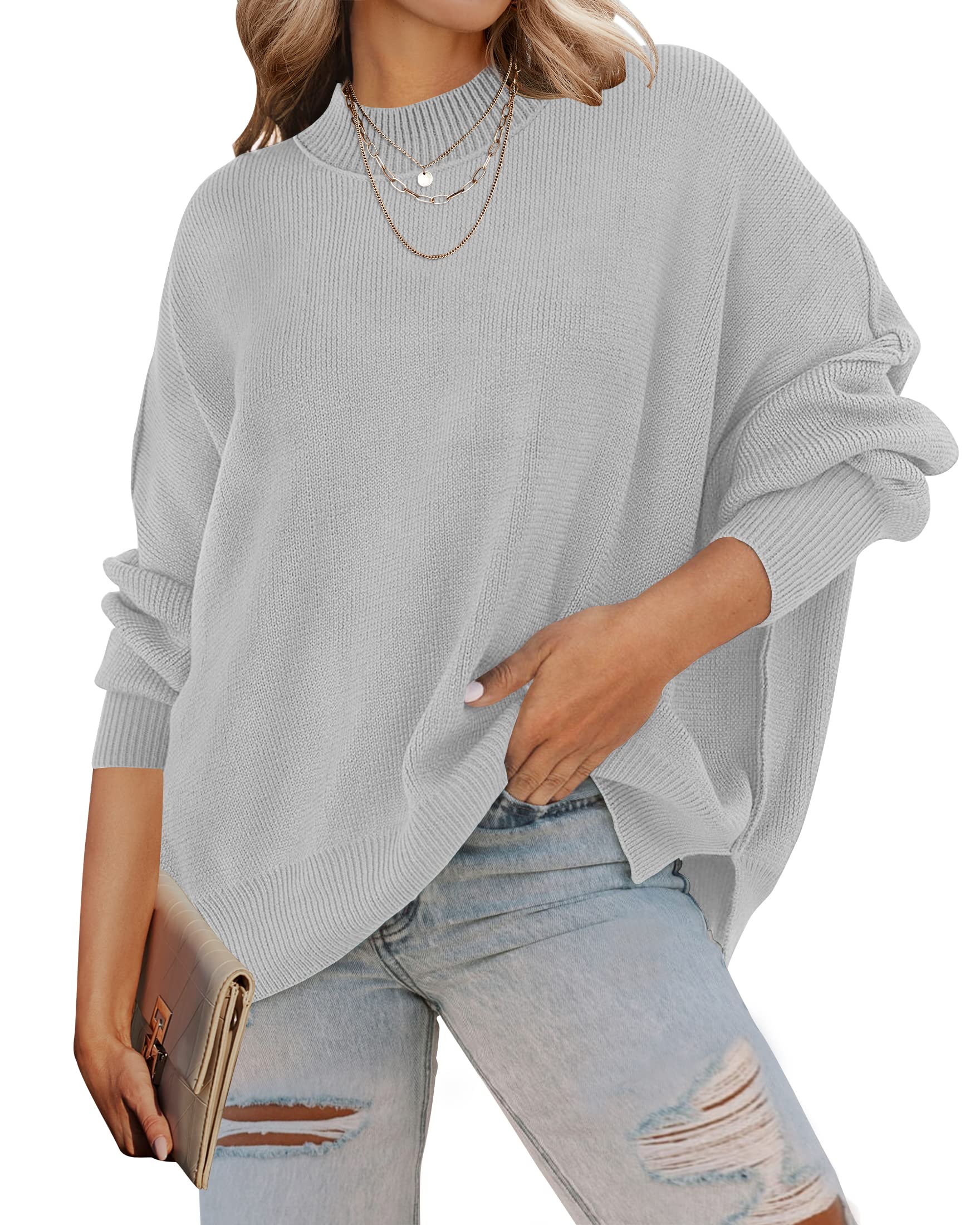 Luxuii Crew Neck Side Slit Oversized Ribbed Knit Sweater