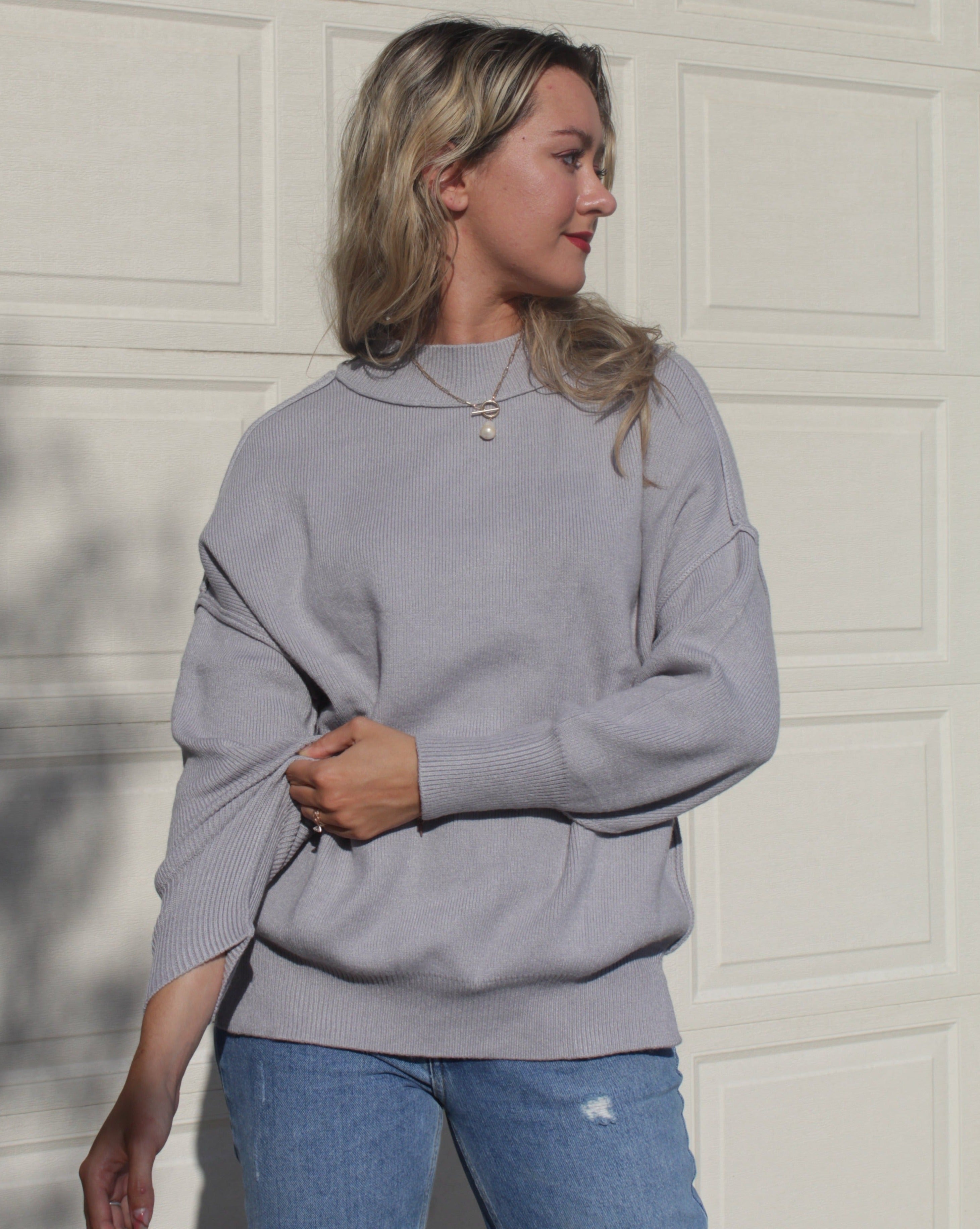 Luxuii Crew Neck Side Slit Oversized Ribbed Knit Sweater