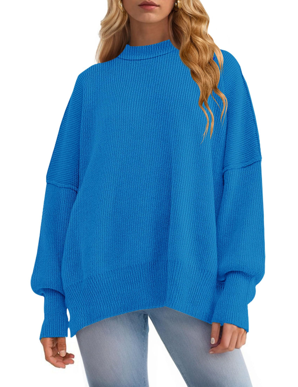 Luxuii Crew Neck Side Slit Oversized Ribbed Knit Sweater