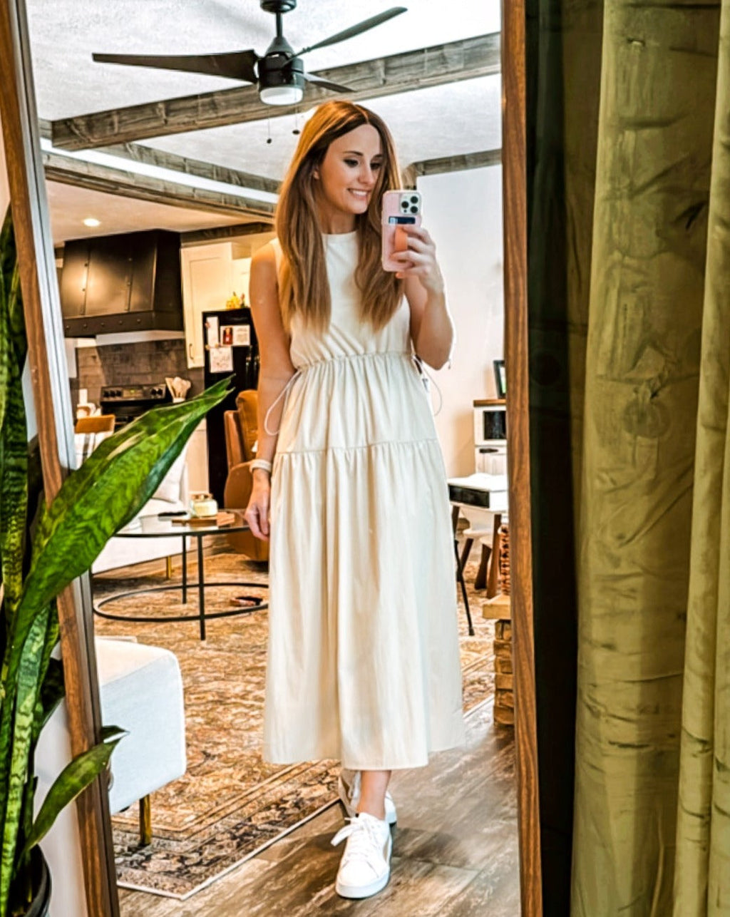 Luxuii Crewneck Drawstring Waist Sleeveless Flowy Midi Dress
