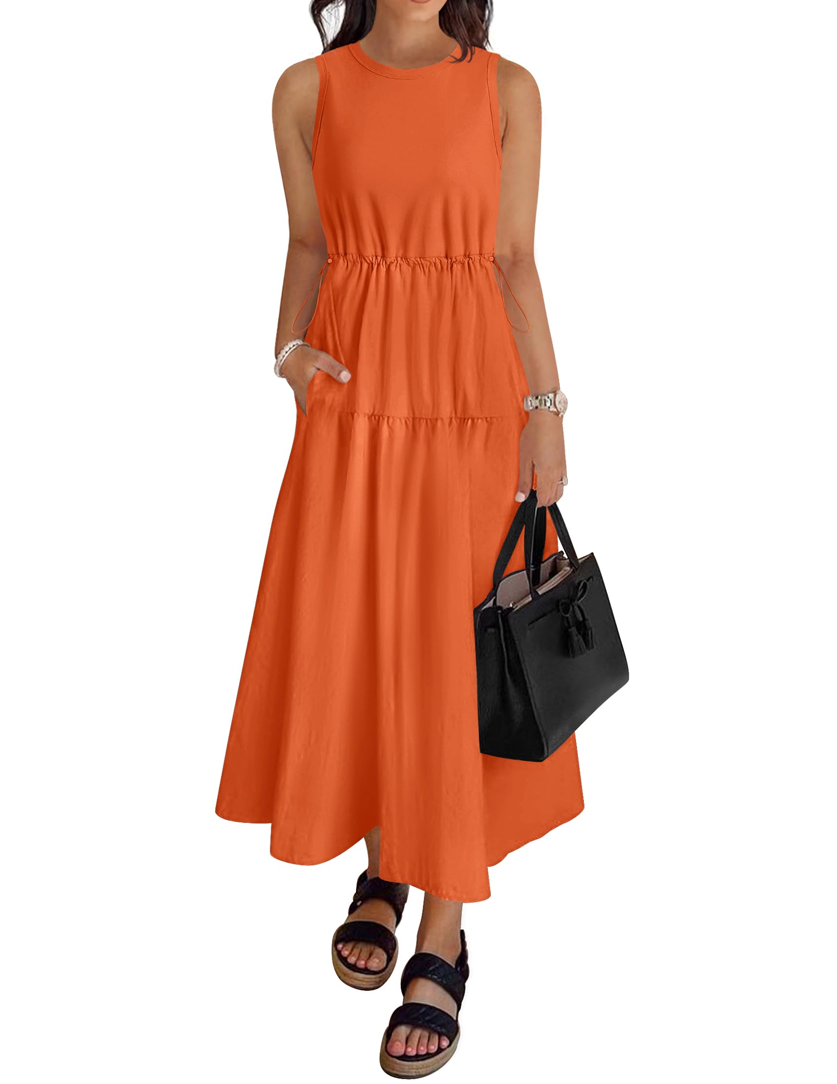 Luxuii Crewneck Drawstring Waist Sleeveless Flowy Midi Dress