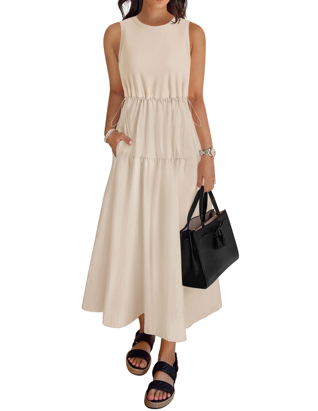 Luxuii Crewneck Drawstring Waist Sleeveless Flowy Midi Dress