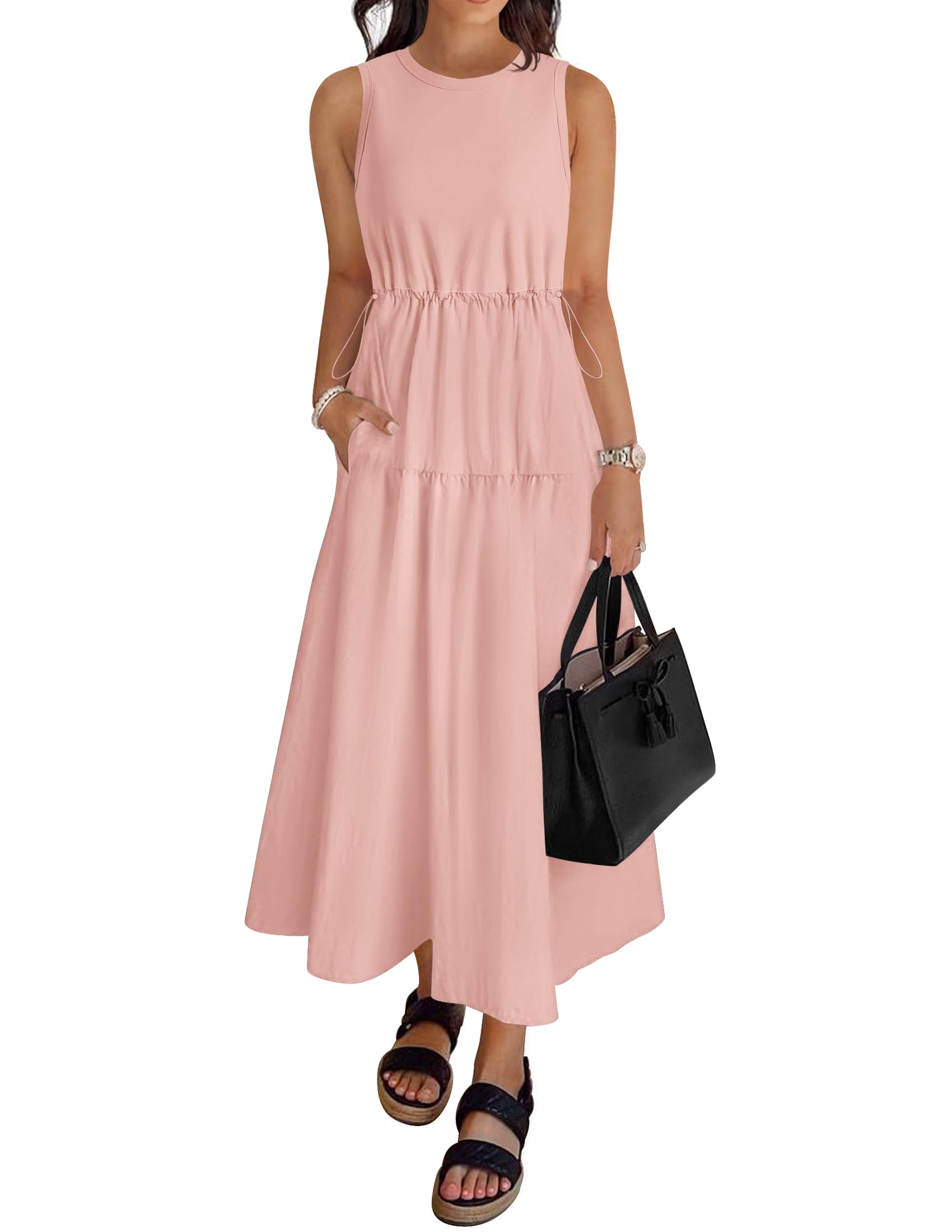 Luxuii Crewneck Drawstring Waist Sleeveless Flowy Midi Dress