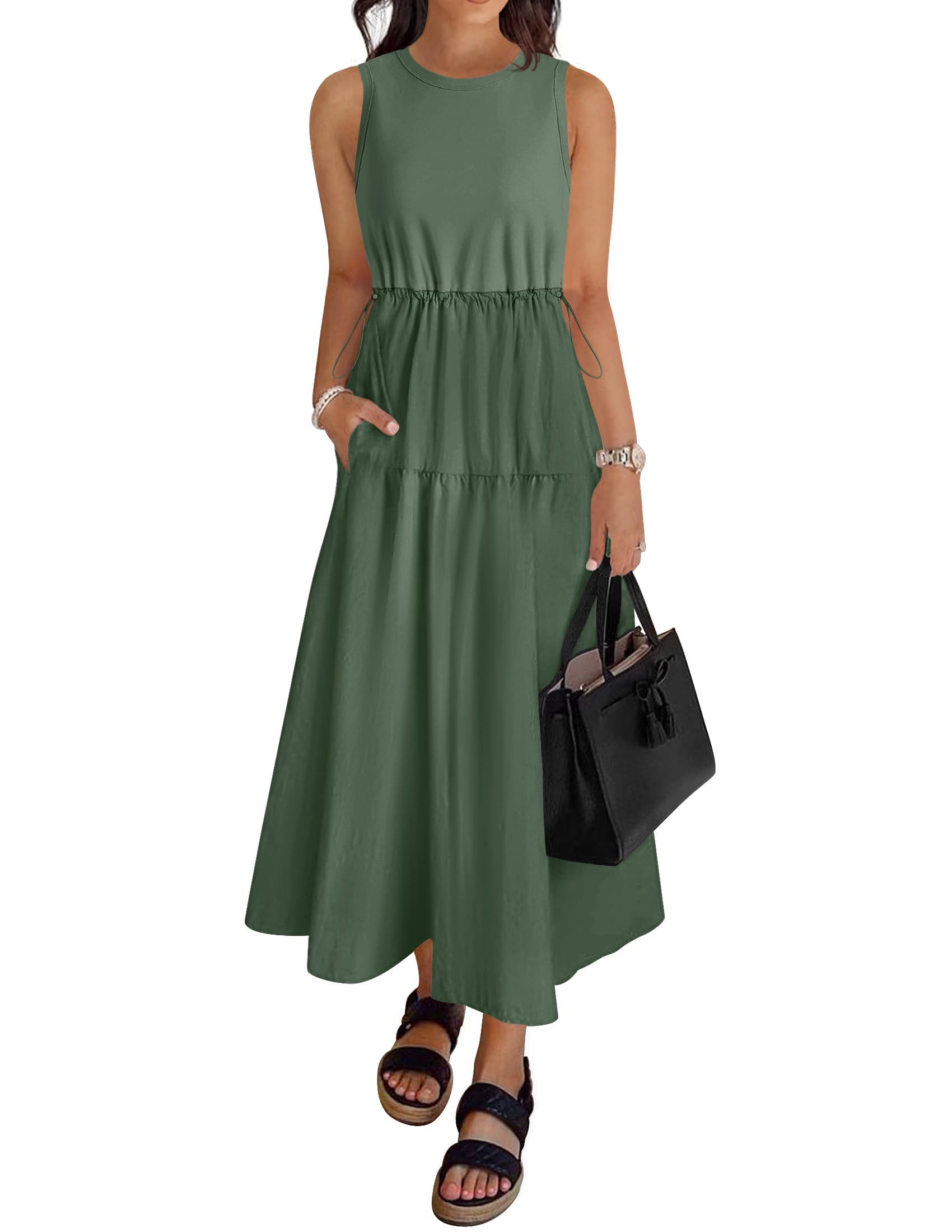 Luxuii Crewneck Drawstring Waist Sleeveless Flowy Midi Dress