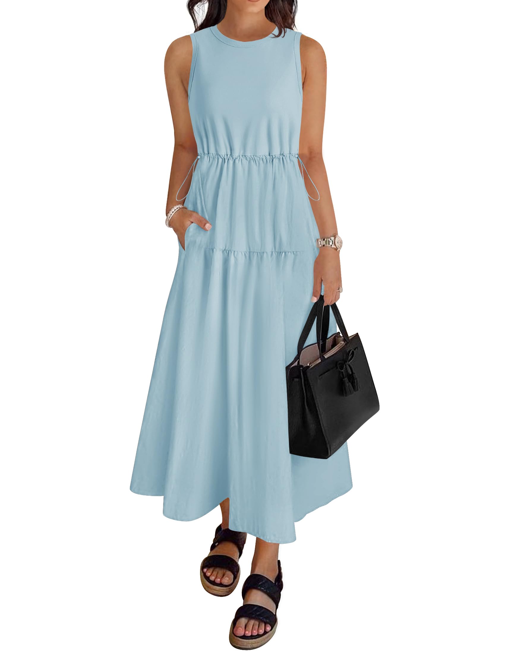 Luxuii Crewneck Drawstring Waist Sleeveless Flowy Midi Dress