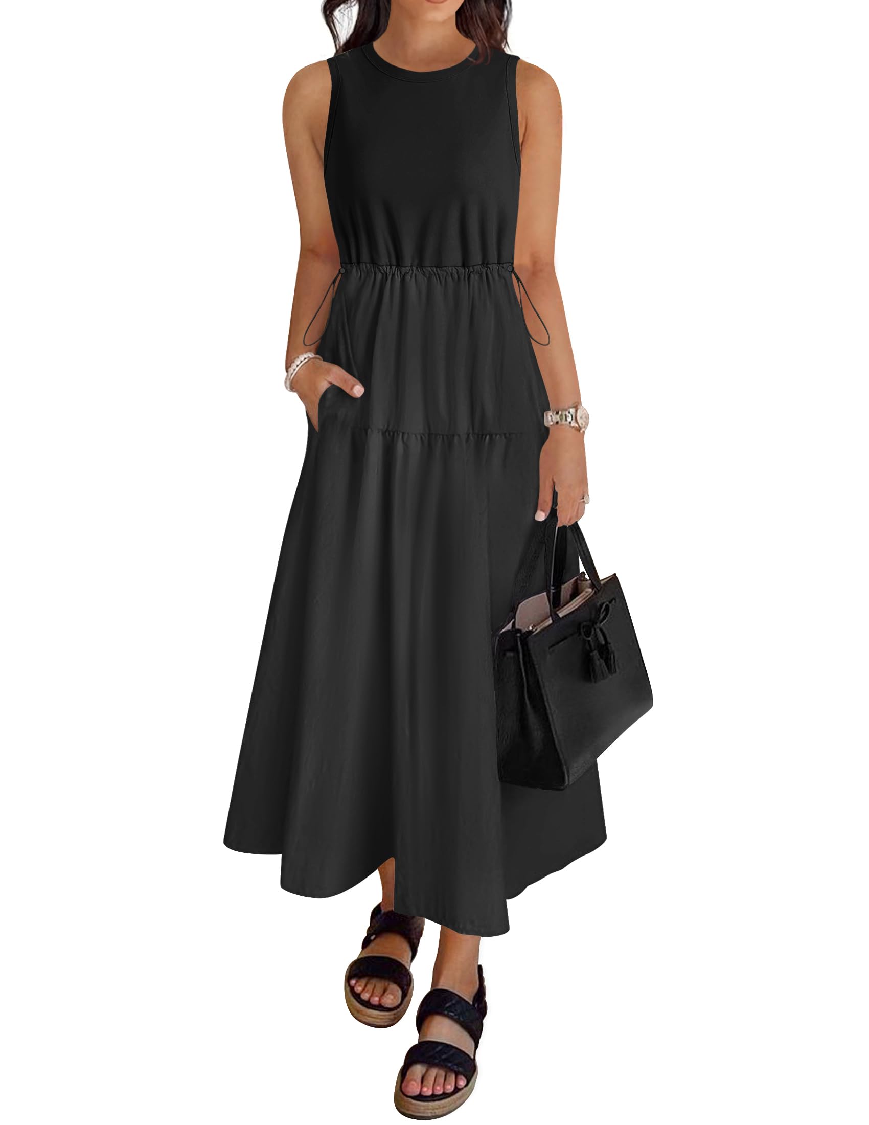Luxuii Crewneck Drawstring Waist Sleeveless Flowy Midi Dress