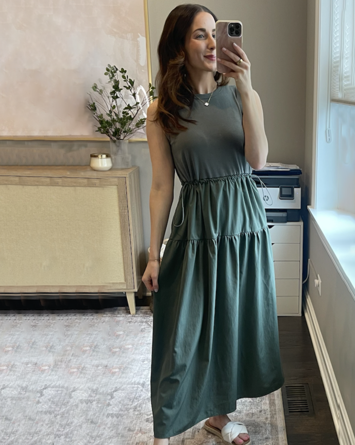 Luxuii Crewneck Drawstring Waist Sleeveless Flowy Midi Dress