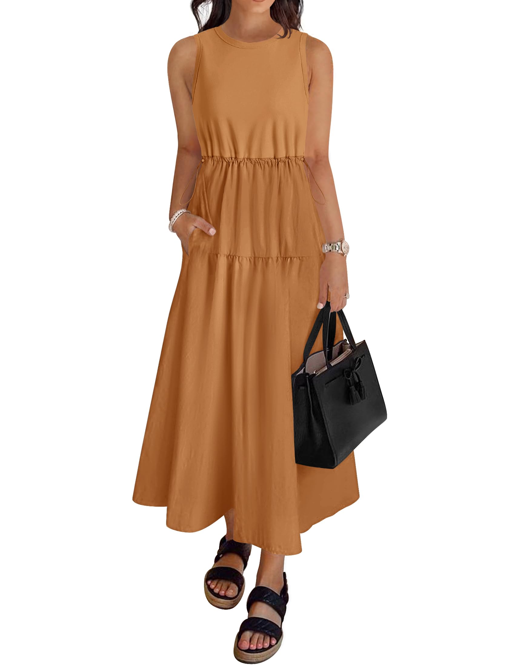Luxuii Crewneck Drawstring Waist Sleeveless Flowy Midi Dress