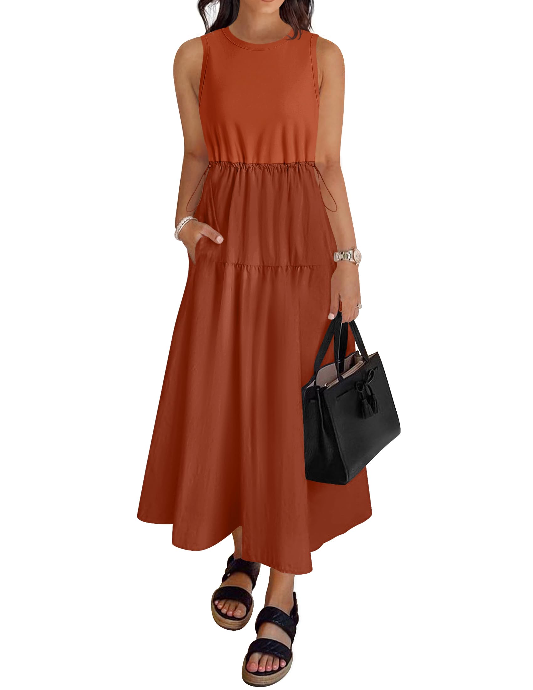 Luxuii Crewneck Drawstring Waist Sleeveless Flowy Midi Dress