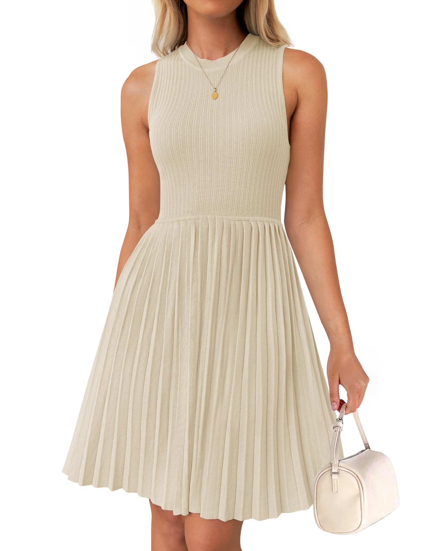 Luxuii Crewneck Sleeveless Pleated Knit Mini Dress