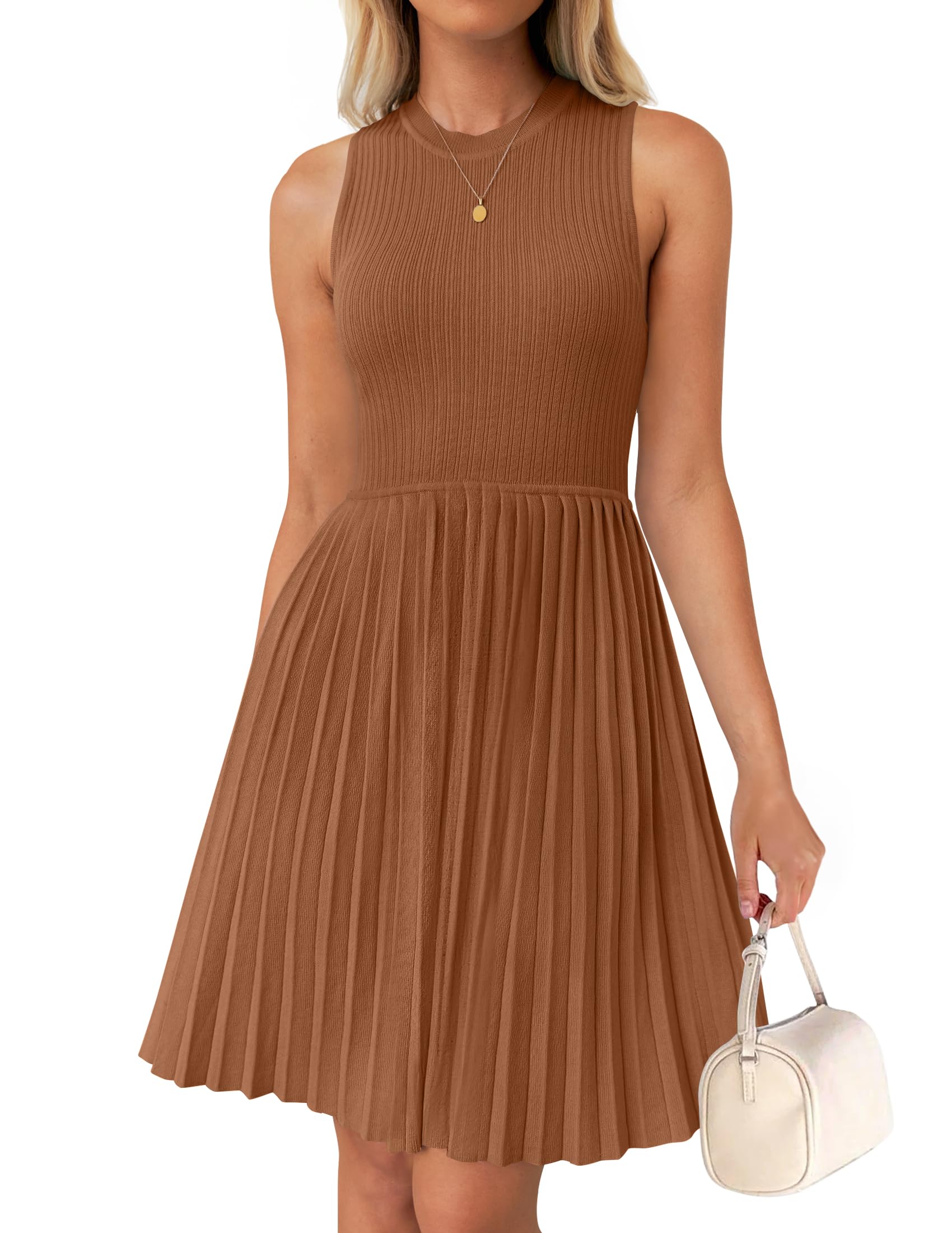 Luxuii Crewneck Sleeveless Pleated Knit Mini Dress