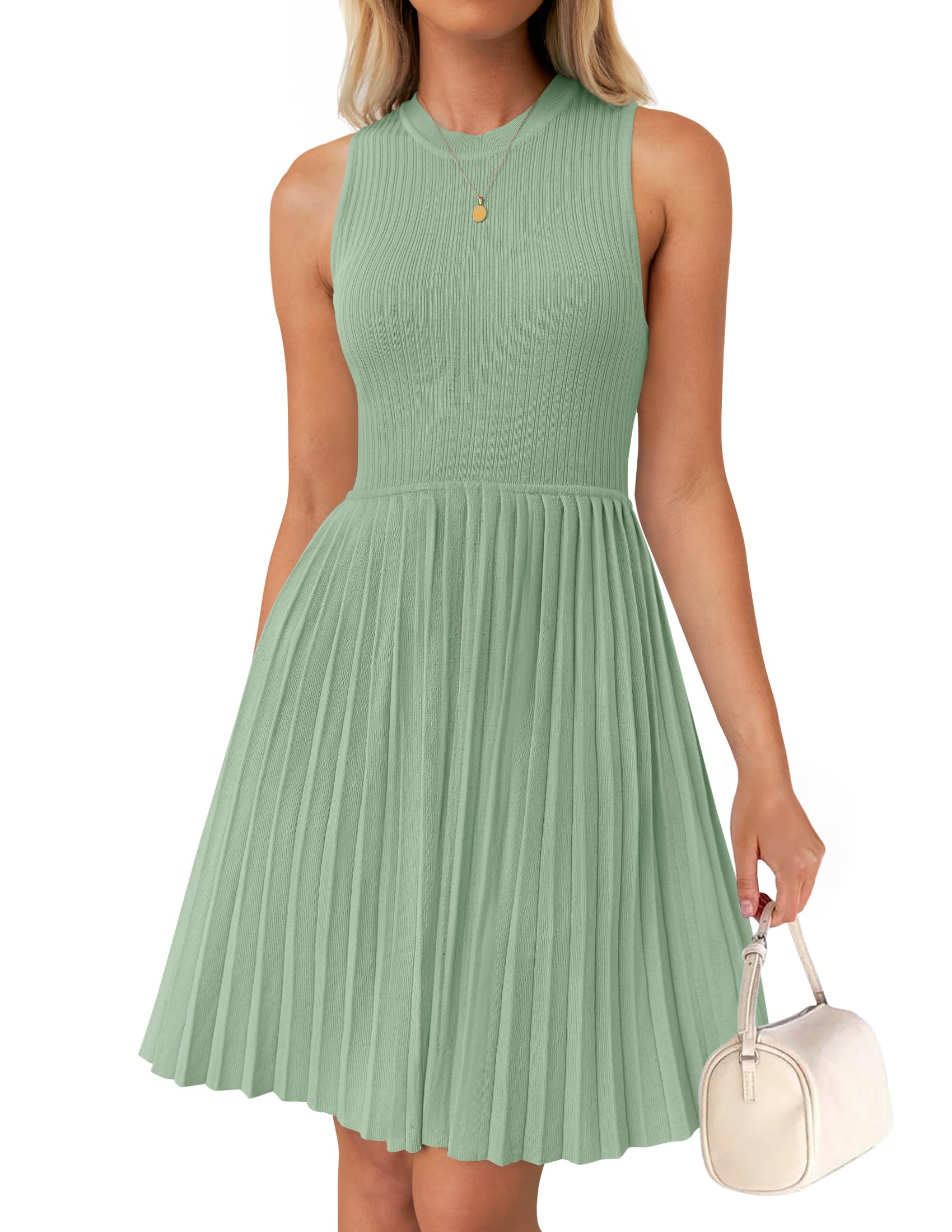 Luxuii Crewneck Sleeveless Pleated Knit Mini Dress