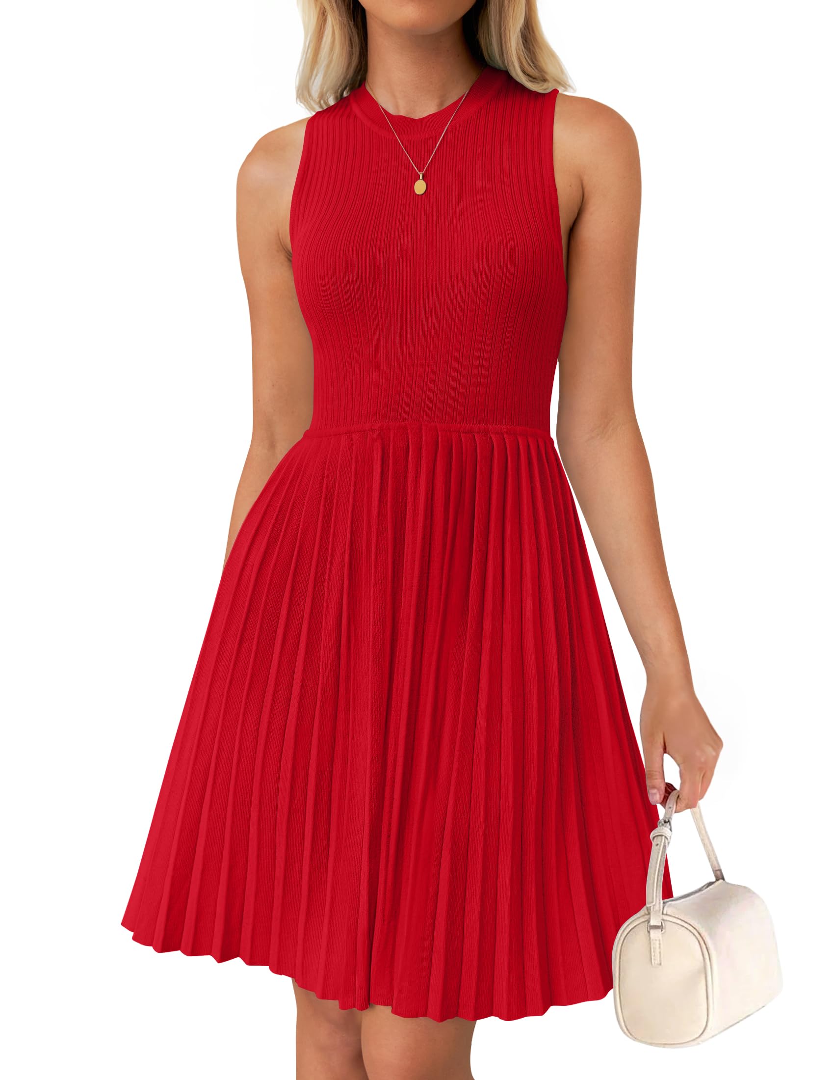 Luxuii Crewneck Sleeveless Pleated Knit Mini Dress