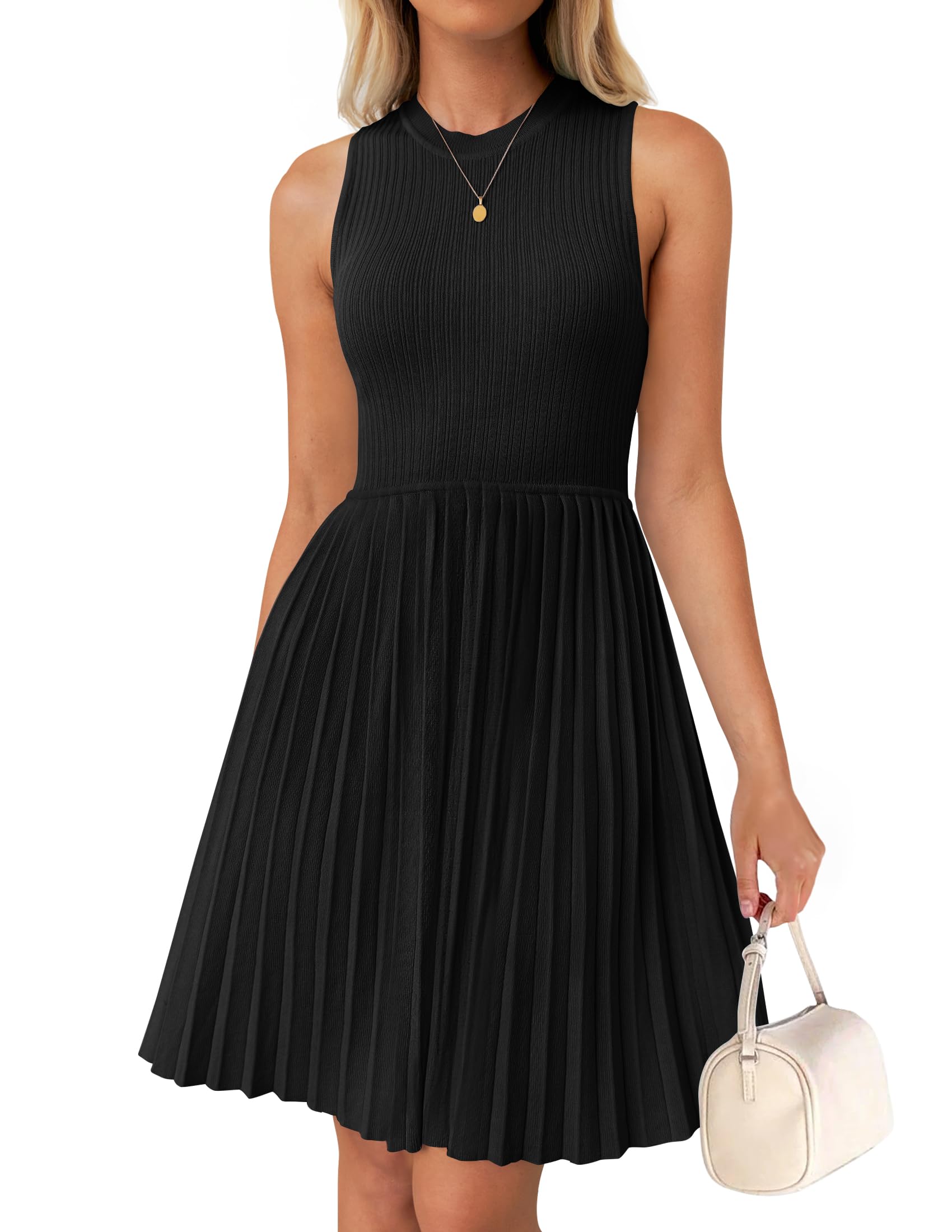 Luxuii Crewneck Sleeveless Pleated Knit Mini Dress