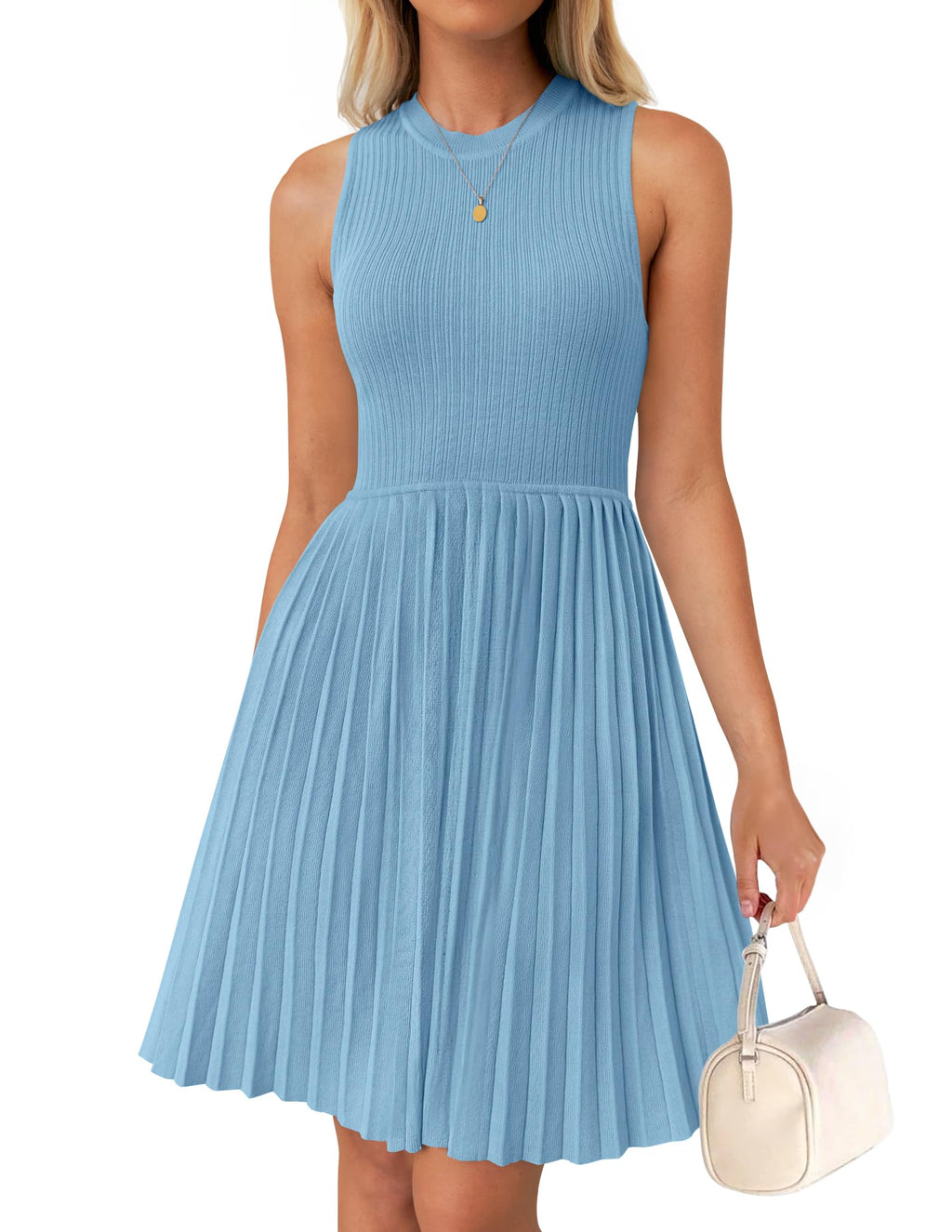 Luxuii Crewneck Sleeveless Pleated Knit Mini Dress