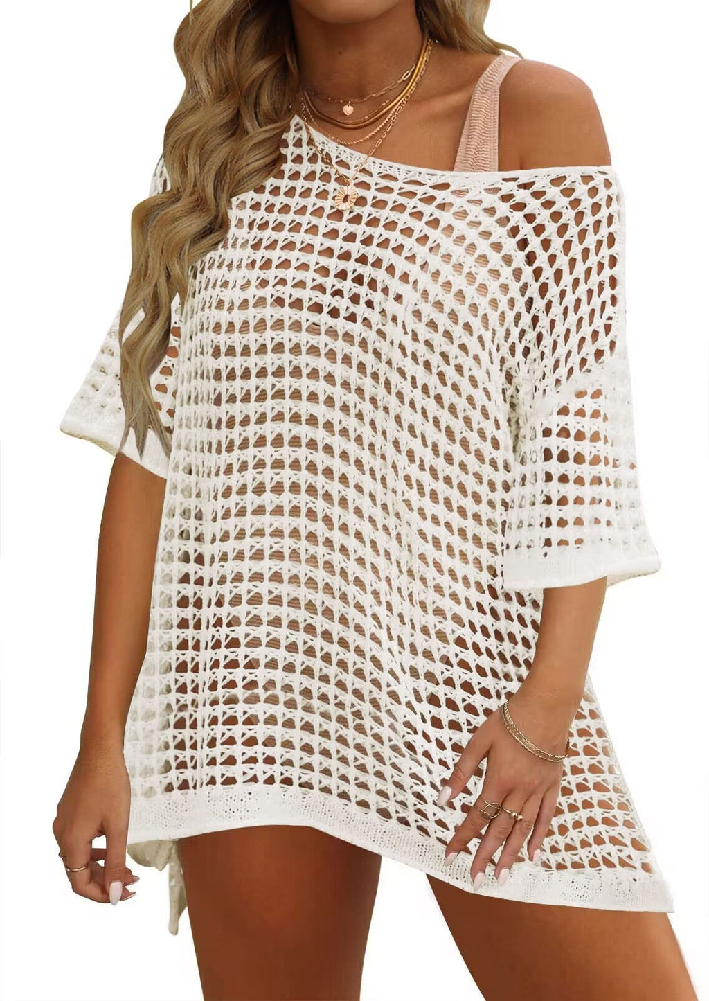 Luxuii Crochet Short Sleeve Hollow Out Cover Ups