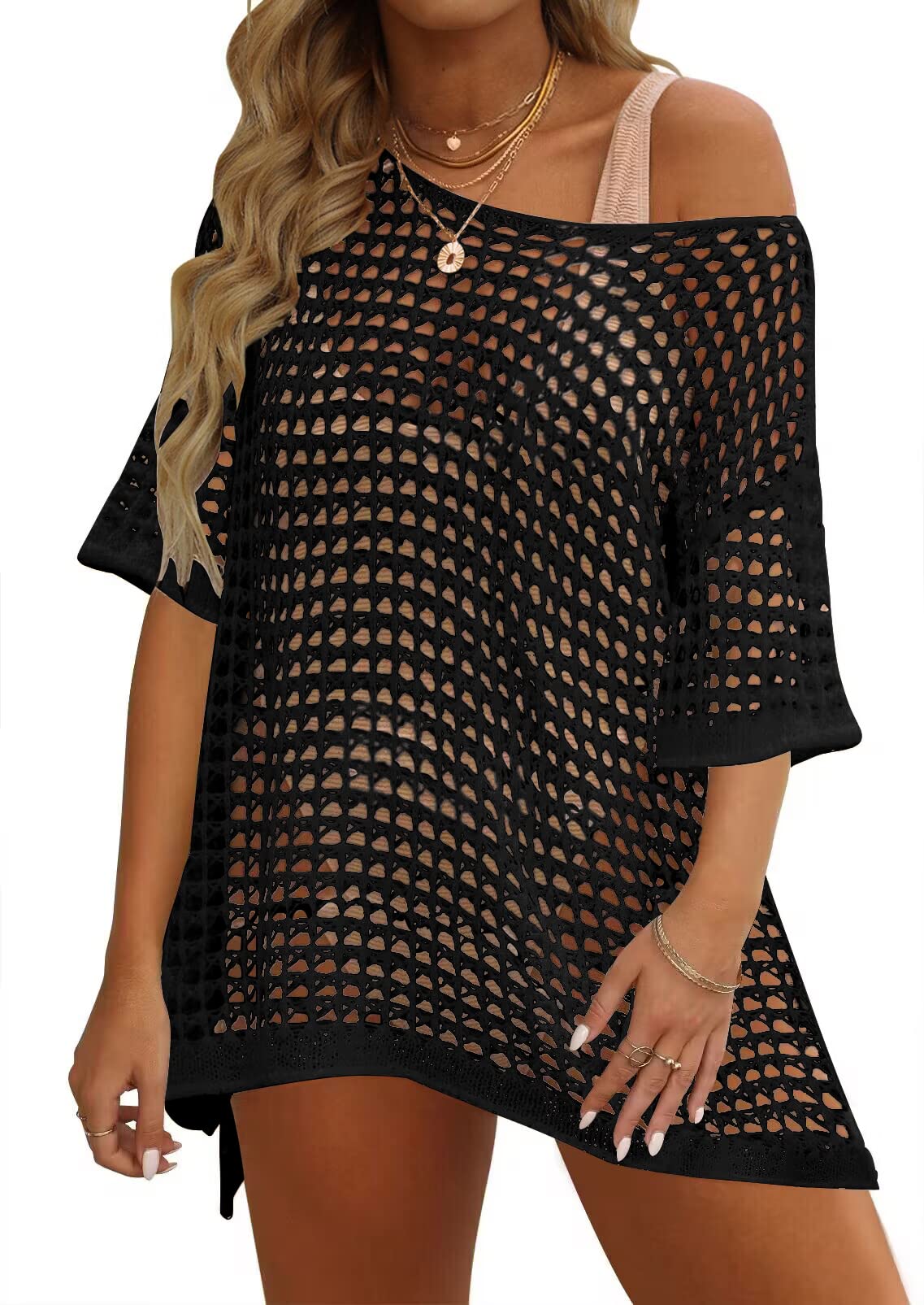 Luxuii Crochet Short Sleeve Hollow Out Cover Ups