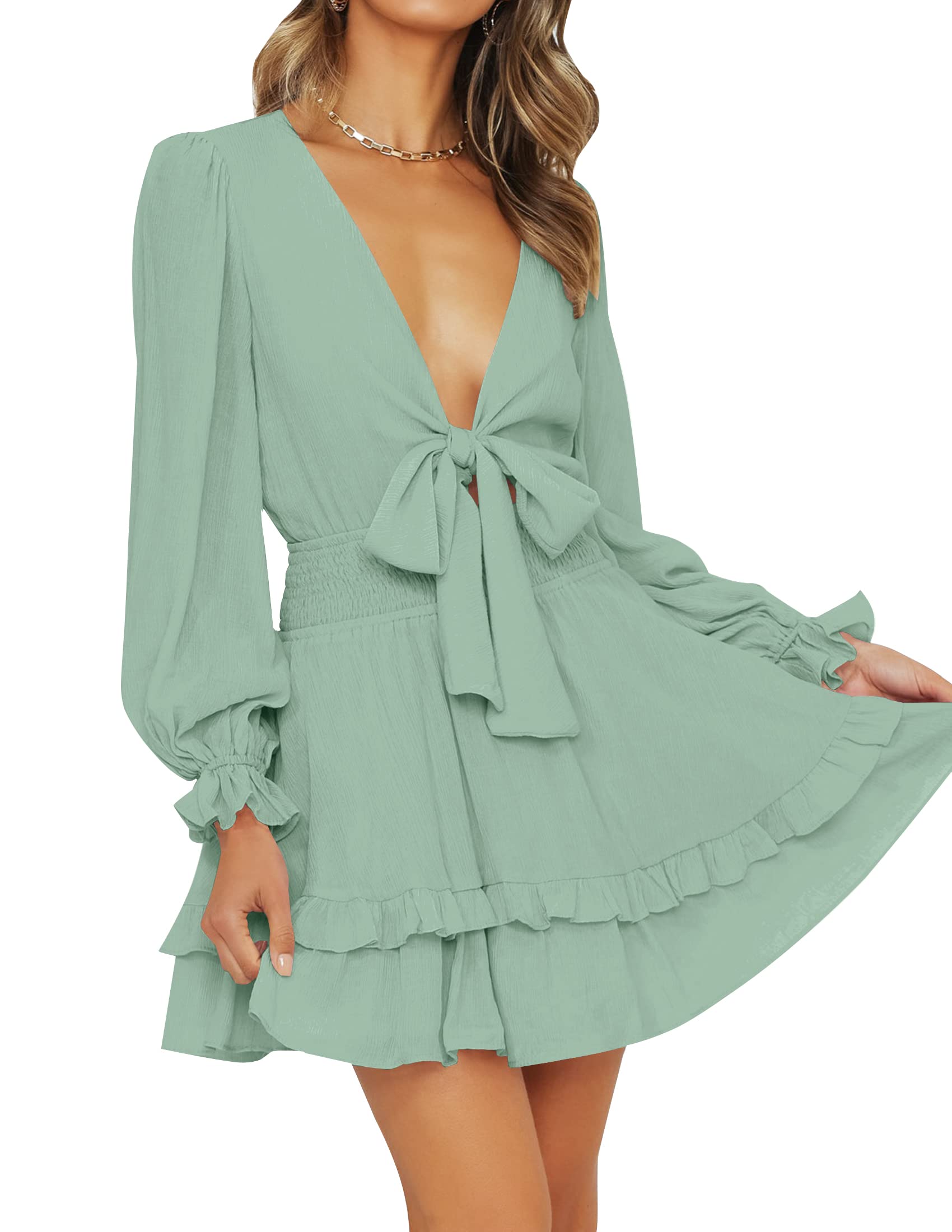 Luxuii Deep V Neck Knot Front Smocked Wiast Mini Dress
