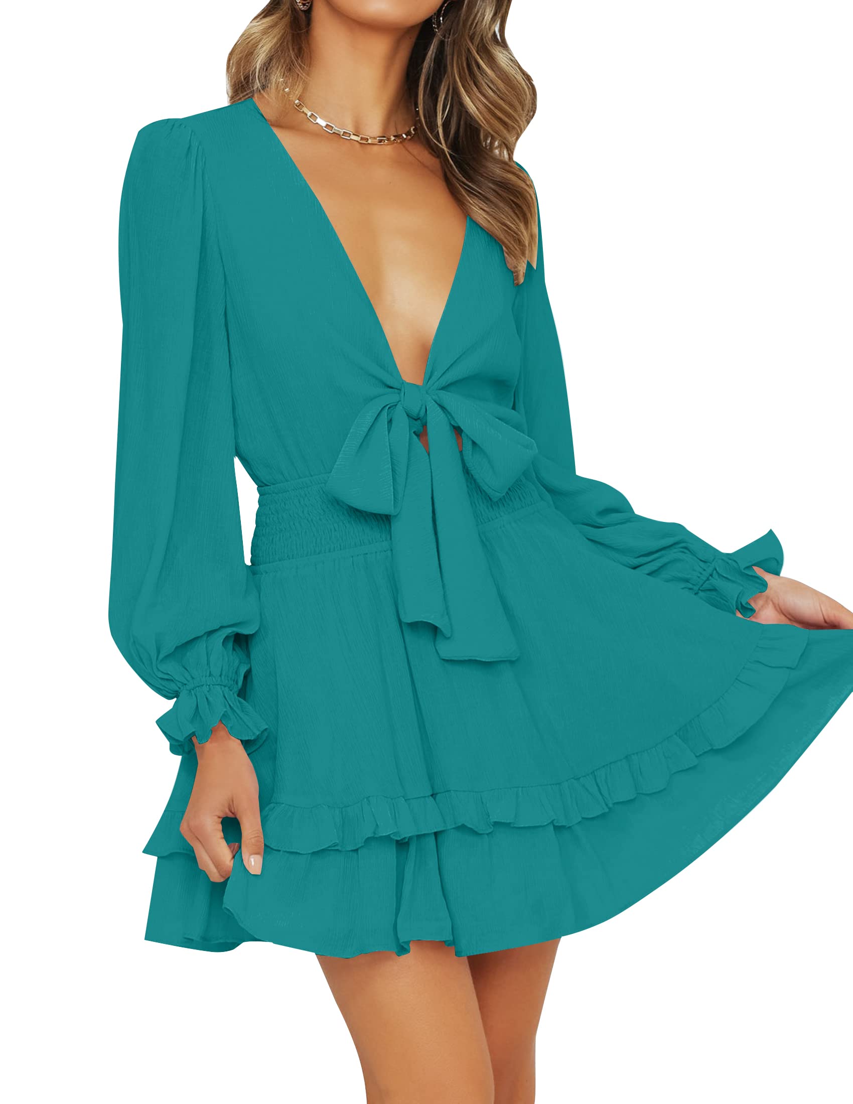 Luxuii Deep V Neck Knot Front Smocked Wiast Mini Dress