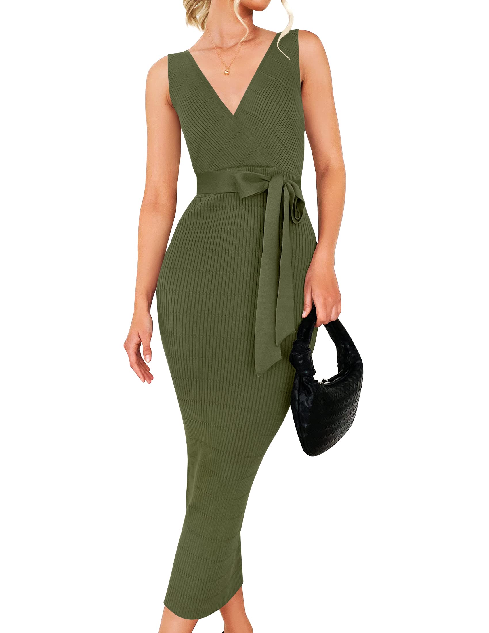 Luxuii Elegant Wrap V Neck Sleeveless Tie Waist Sweater Midi Dress