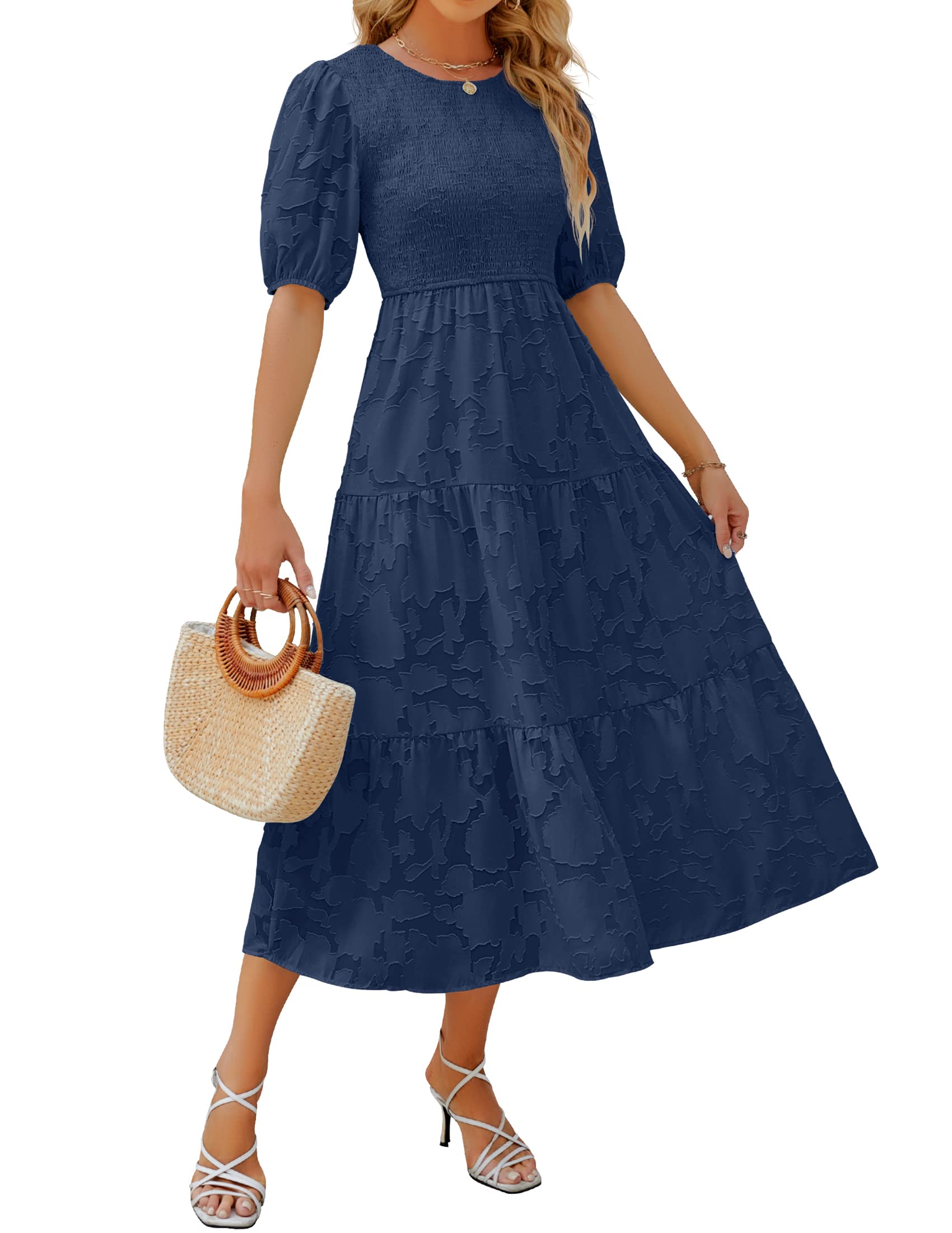 Luxuii Floral Lace Flowy Short Sleeve Smocked Midi Dress