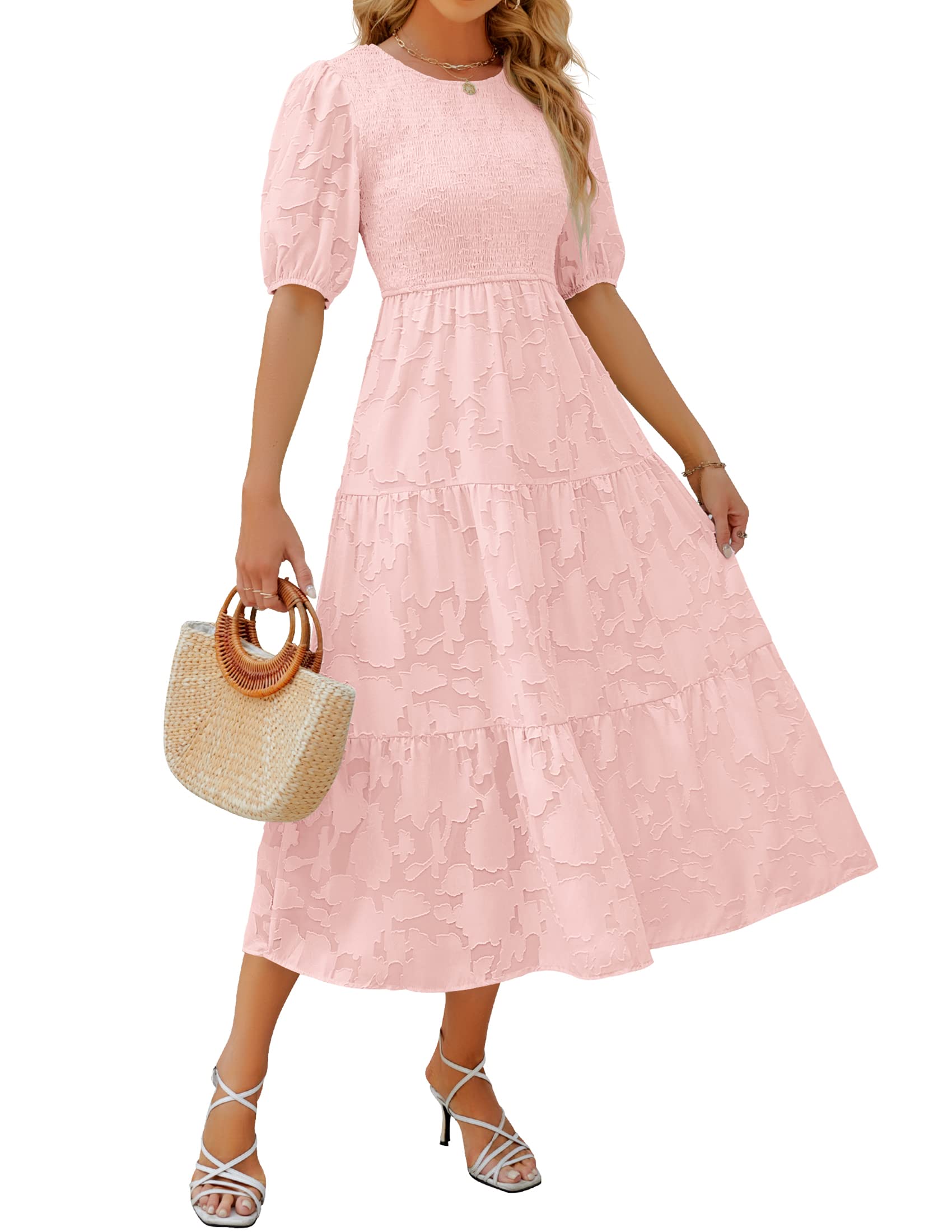 Luxuii Floral Lace Flowy Short Sleeve Smocked Midi Dress