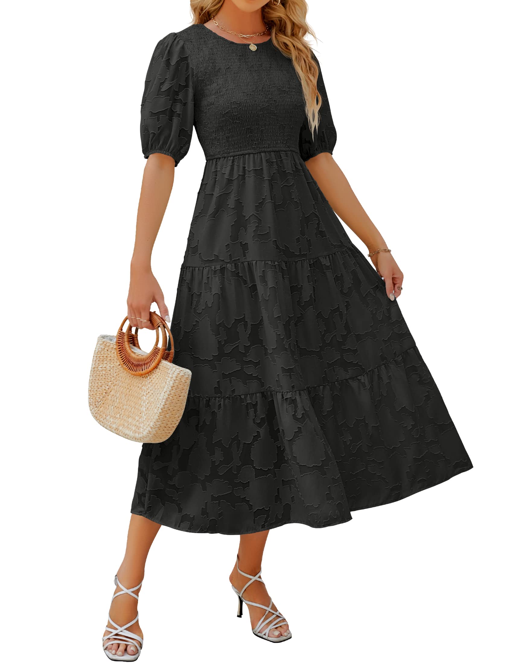 Luxuii Floral Lace Flowy Short Sleeve Smocked Midi Dress