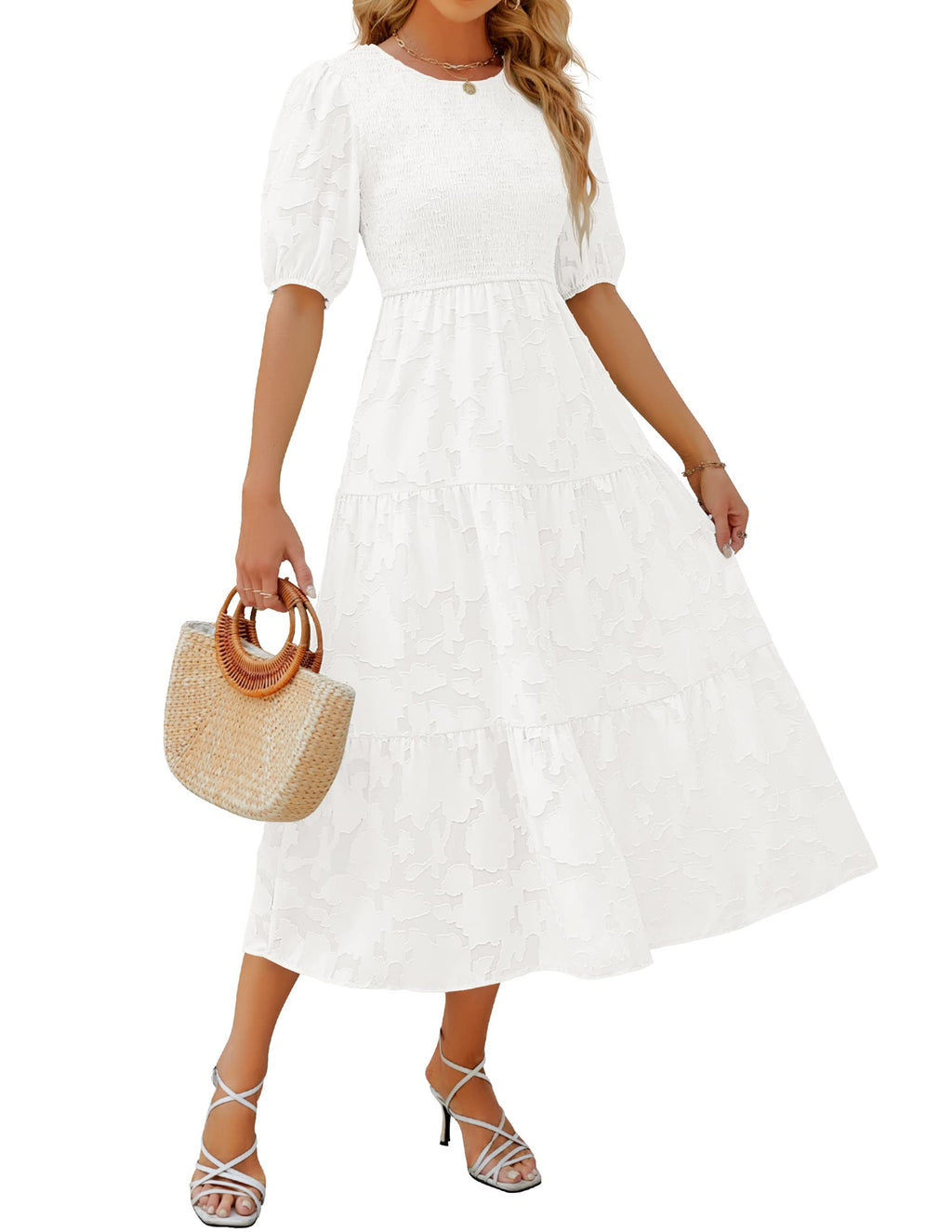 Luxuii Floral Lace Flowy Short Sleeve Smocked Midi Dress