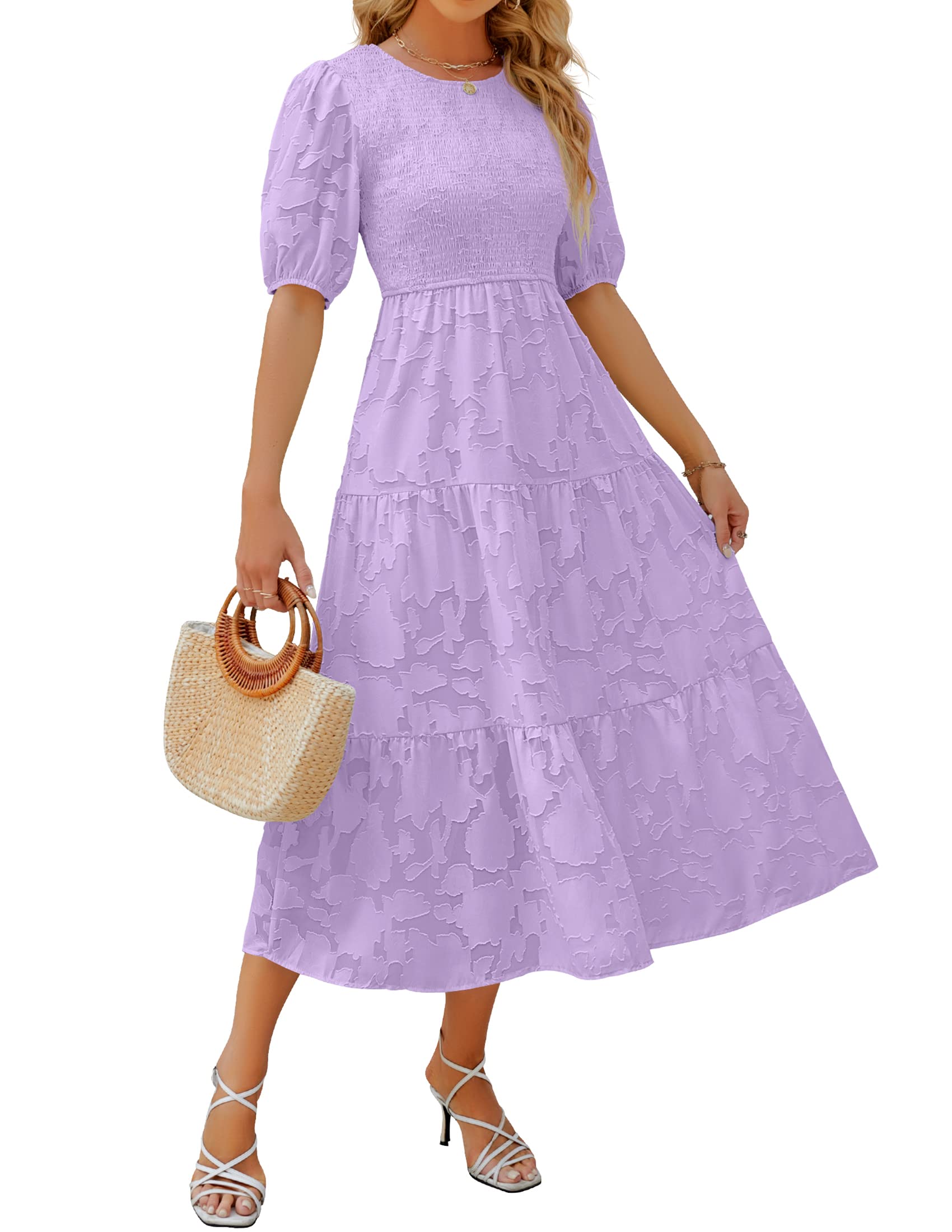 Luxuii Floral Lace Flowy Short Sleeve Smocked Midi Dress