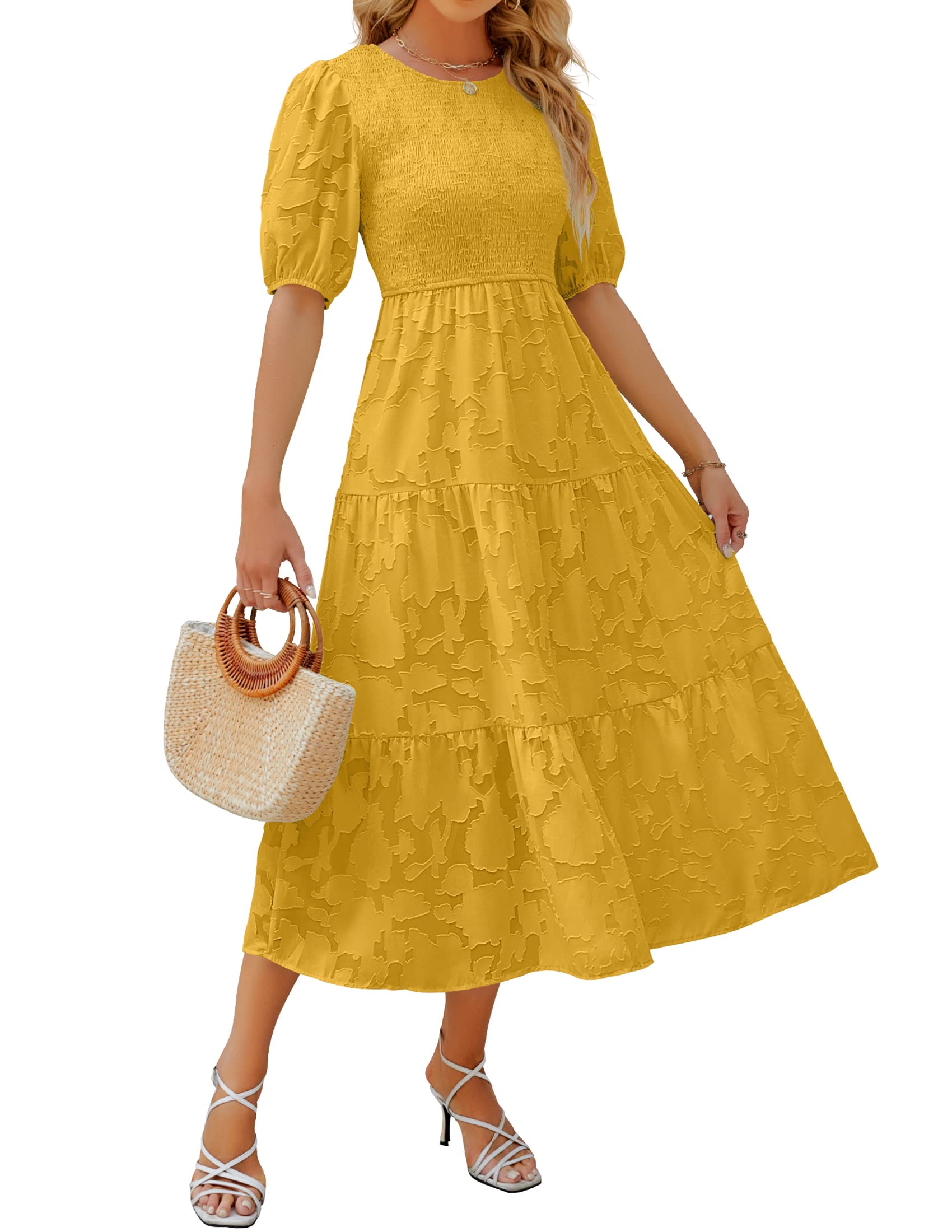 Luxuii Floral Lace Flowy Short Sleeve Smocked Midi Dress