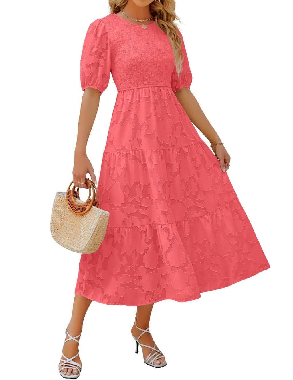 Luxuii Floral Lace Flowy Short Sleeve Smocked Midi Dress