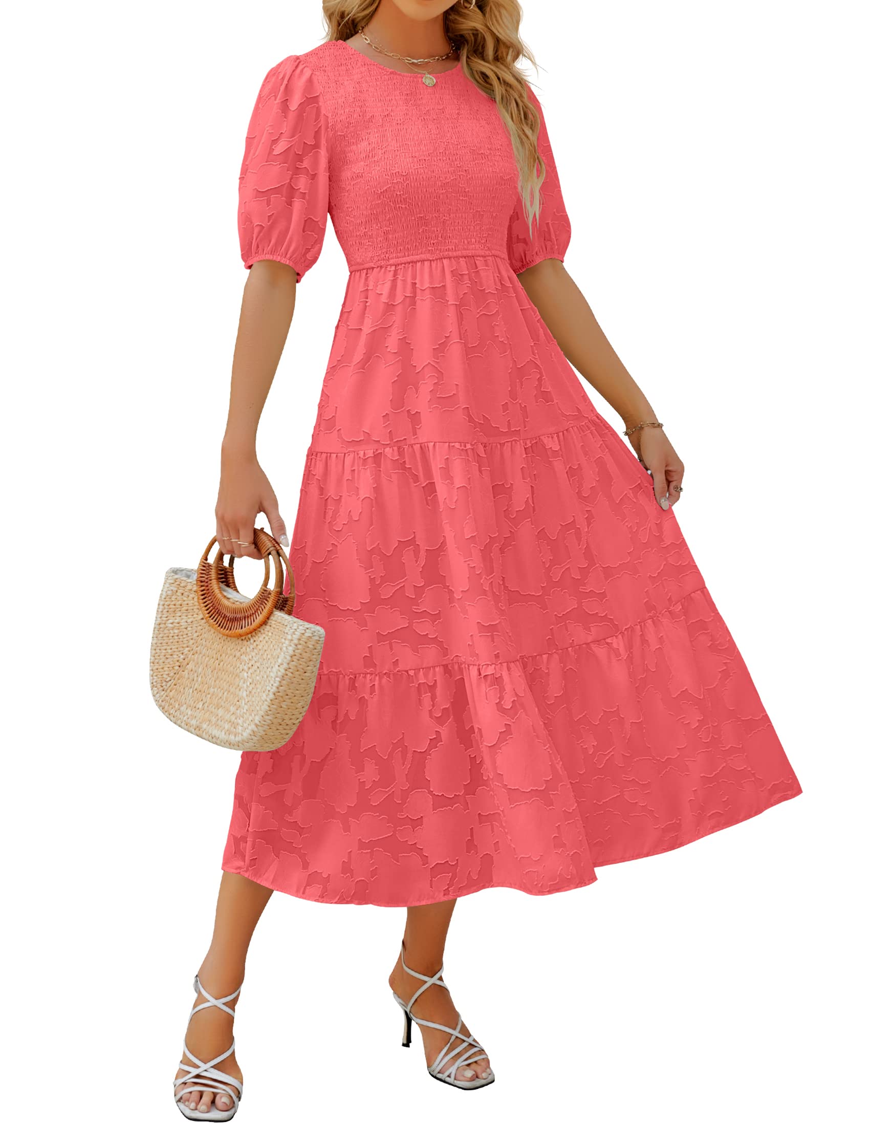 Luxuii Floral Lace Flowy Short Sleeve Smocked Midi Dress