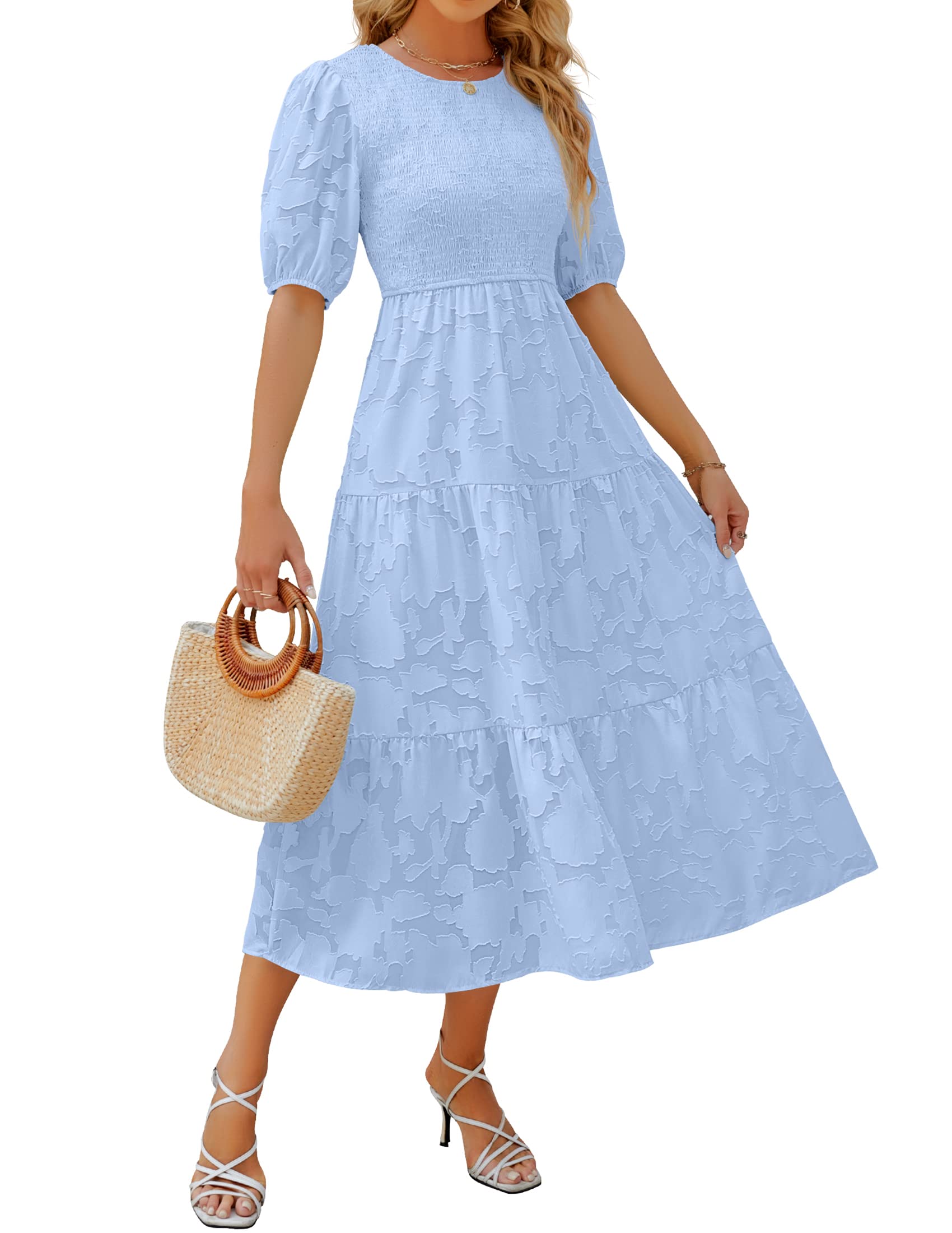 Luxuii Floral Lace Flowy Short Sleeve Smocked Midi Dress