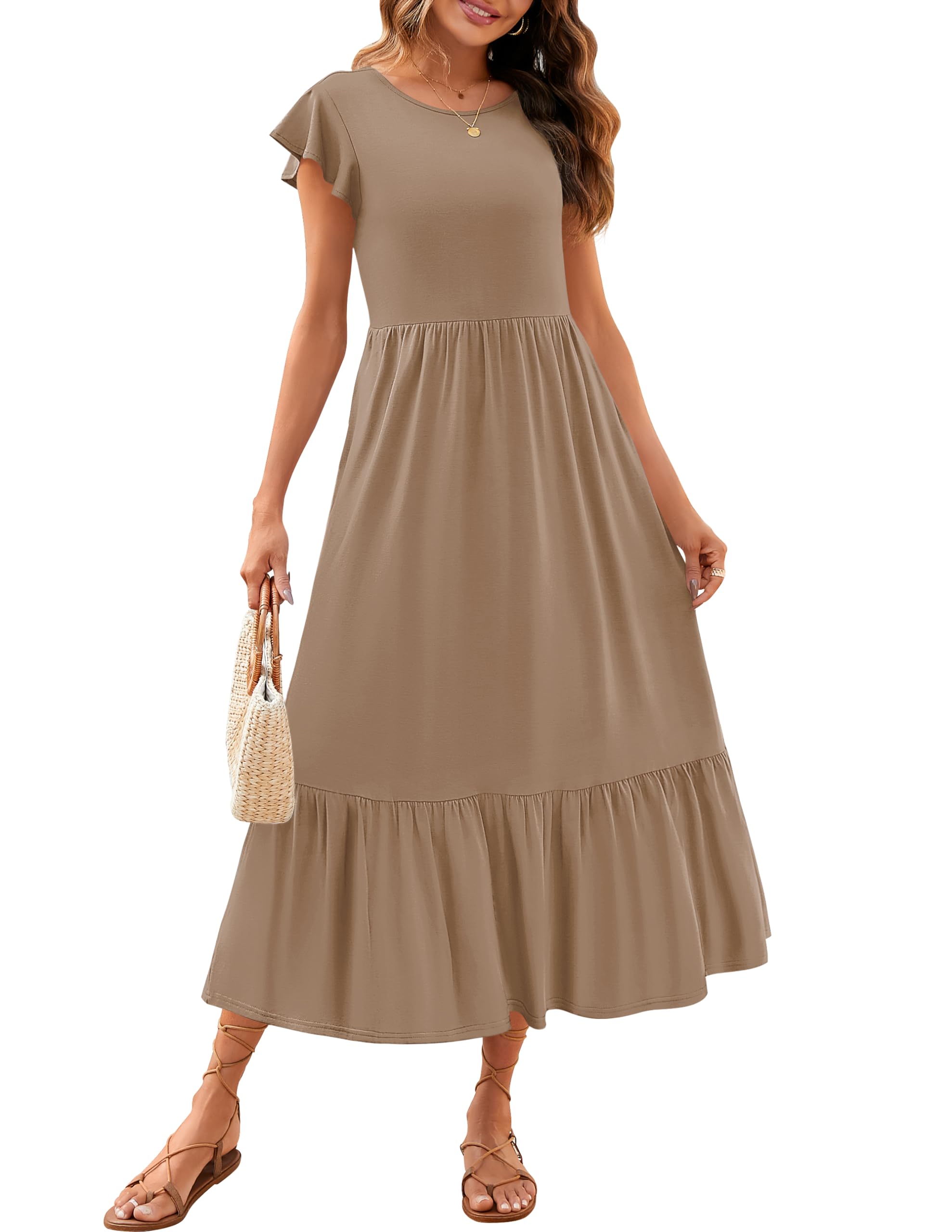 Luxuii Flutter Short Sleeve Crewneck Loose Tiered Maxi Dress