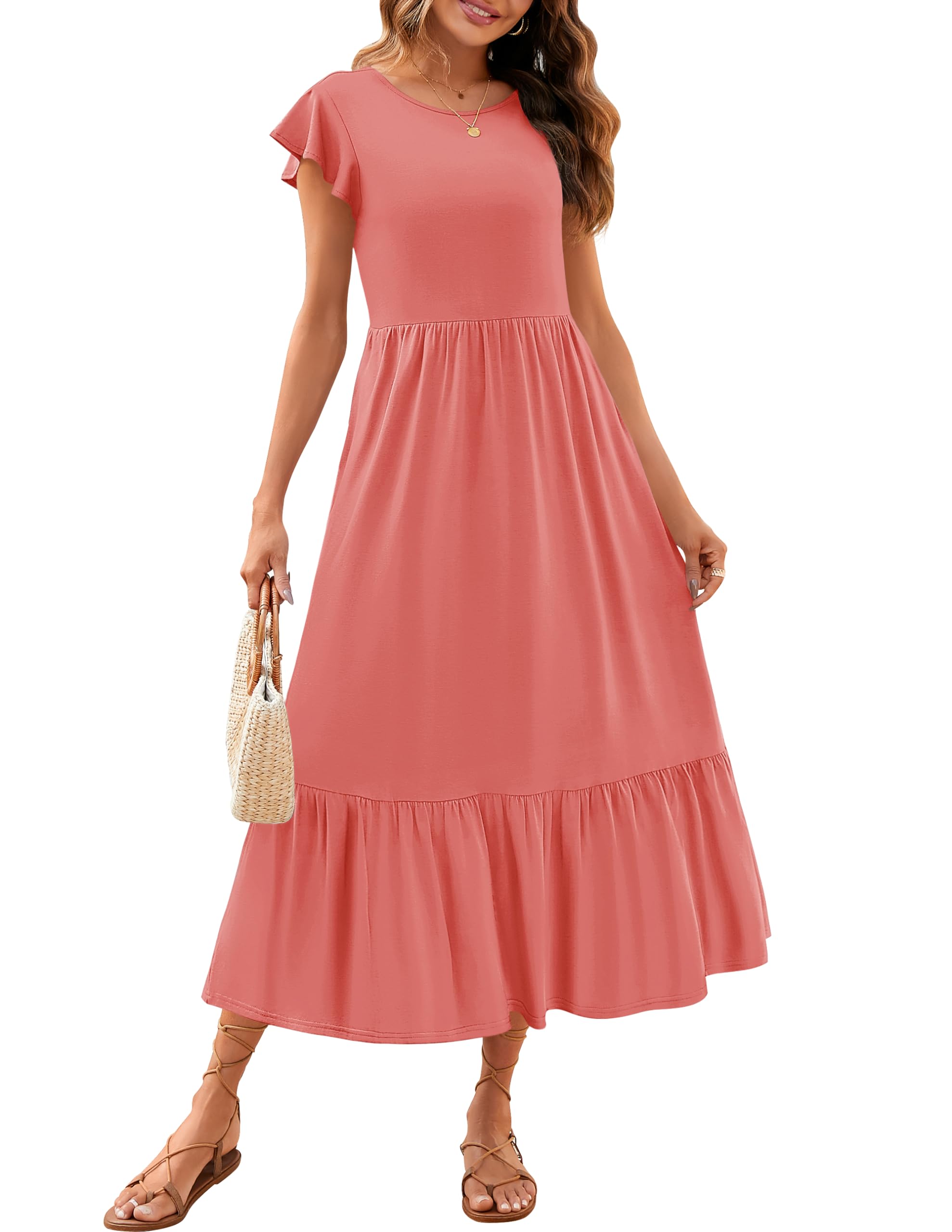 Luxuii Flutter Short Sleeve Crewneck Loose Tiered Maxi Dress